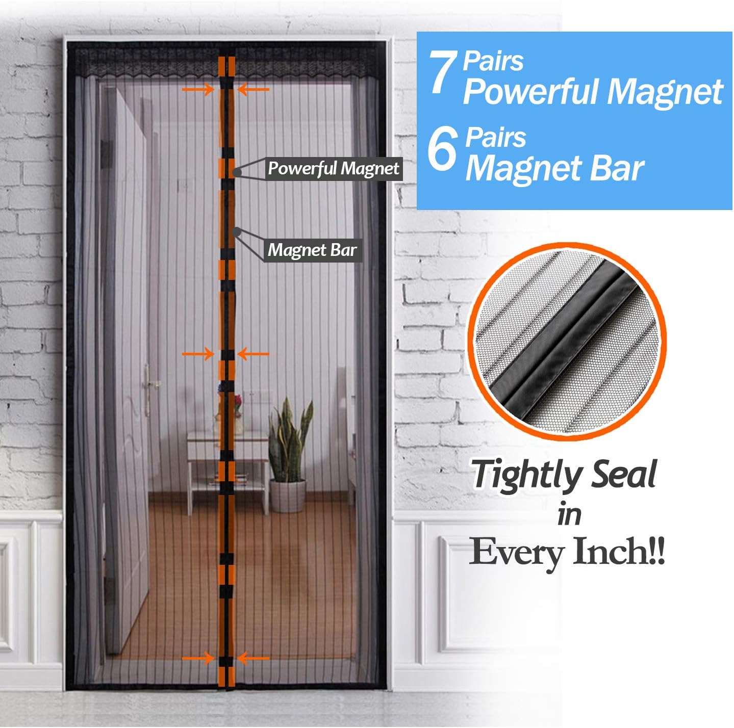 Aox Magnetic Screen Door with Full Frame Hoop & Loop, 39" x 83", Black