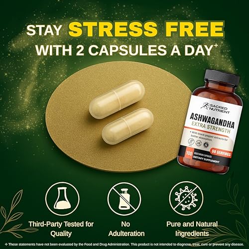 Miniatura 7 de Ashwagandha Suplemento orgánico extra fuerte con pimienta negra para apoyar el estrés y el estado de ánimo, extracto energético de 300 mg (hierba