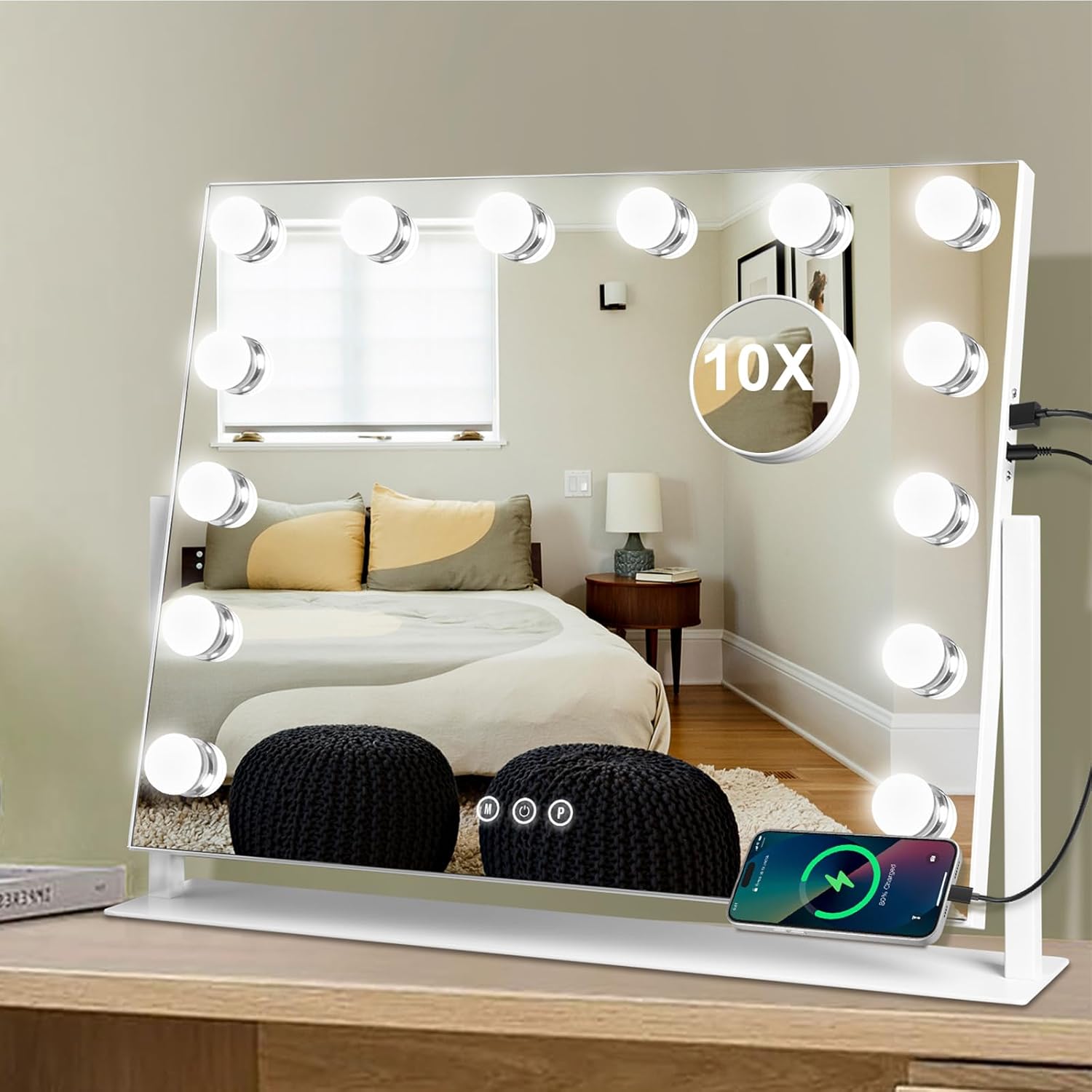 Large Vanity Mirror with Lights, Hollywood Lighted Makeup Mirror, 3 Color Temperatures,Stepless Dimming and 10X Magnifying Mirror, 360°Rotation