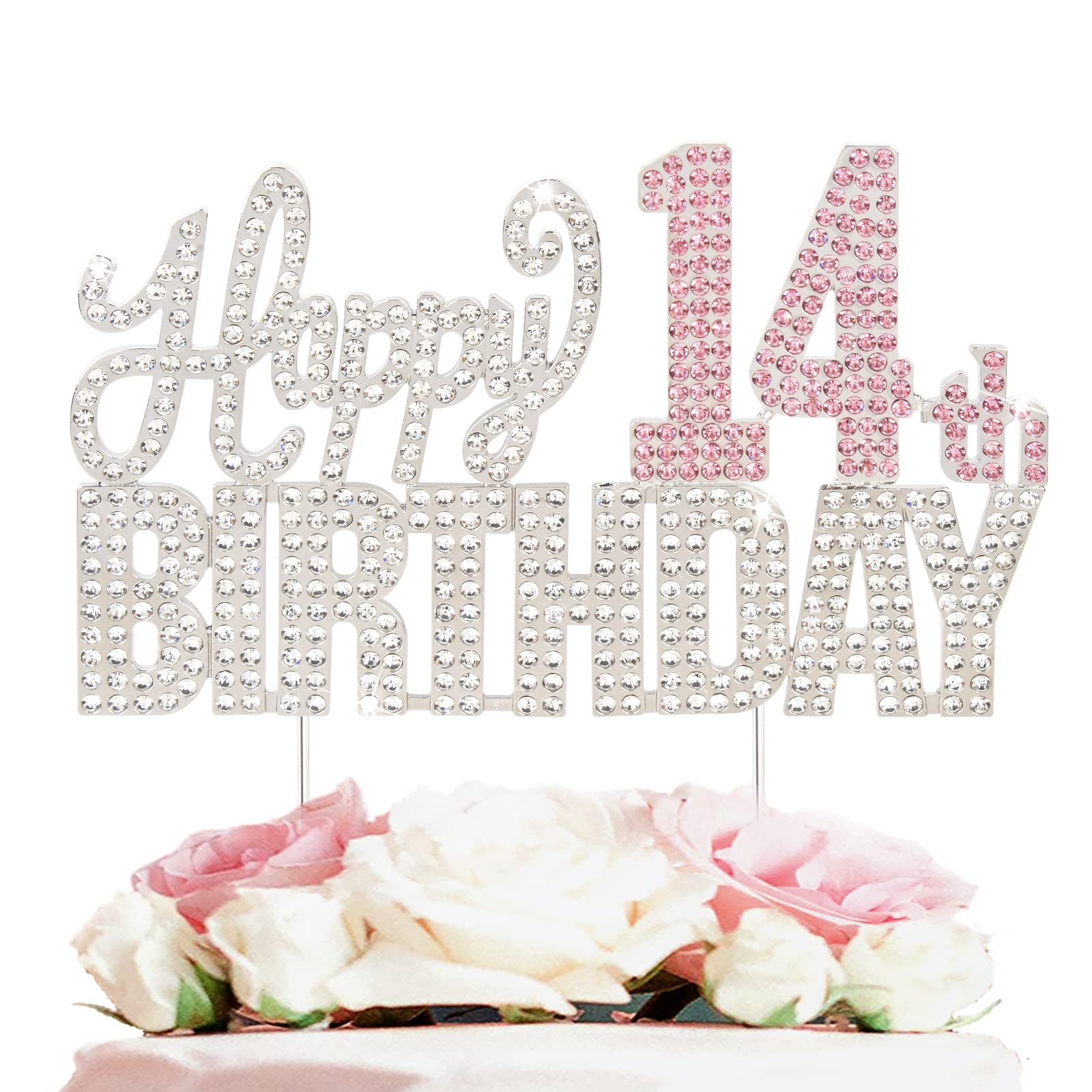 Nelbiirth Happy 14th Birthday Silver & Pink Rhinestone Cake Topper - Cheers to 14 Years Old Fourteen Bday Metal Sparkly Cake Centerpieces Topper Decorations Sign.
