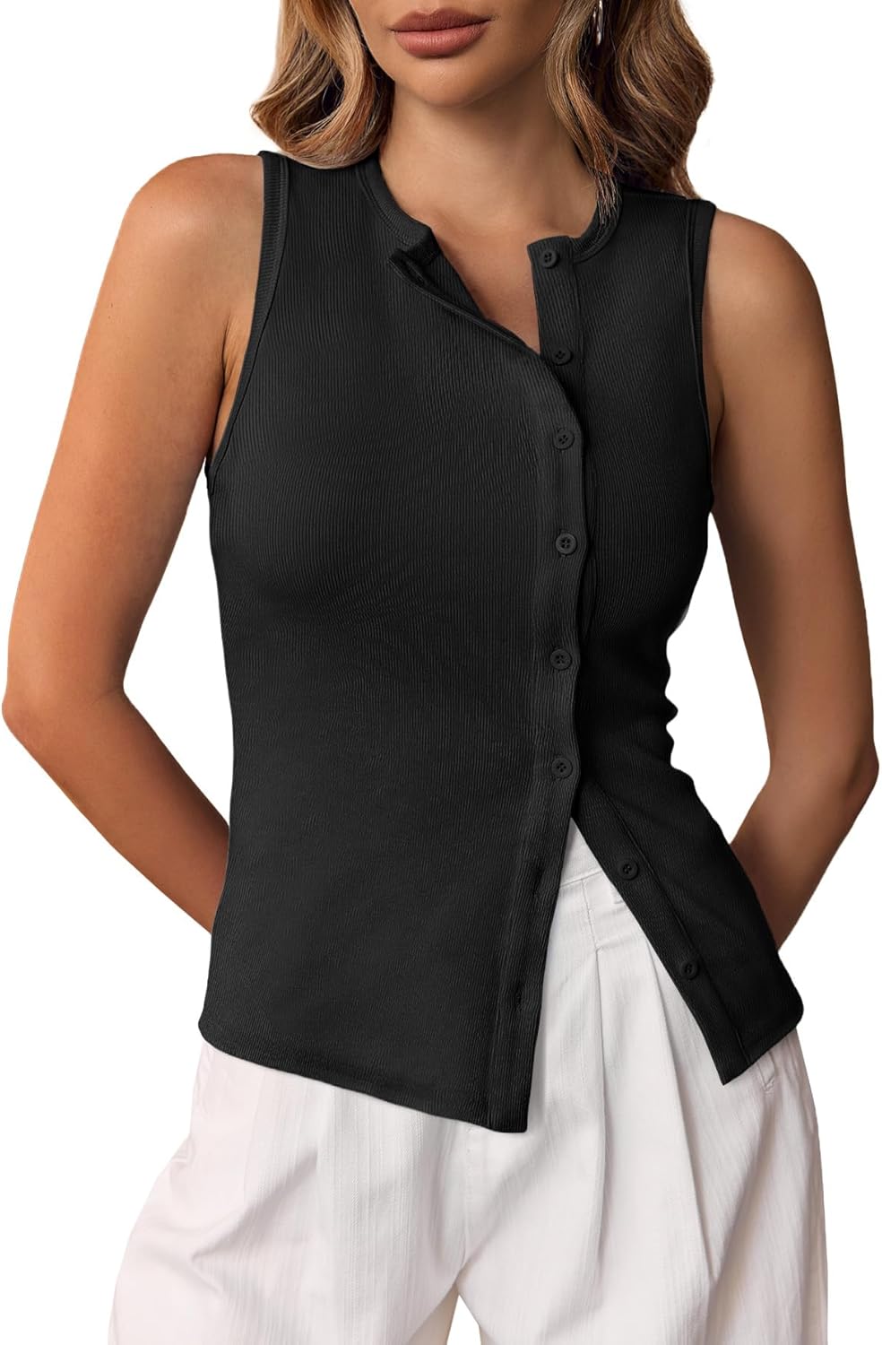 Cicy Bell Womens Button Down Tank Tops Summer Sleeveless Vest Tops Trendy Ribbed Fitted Going Out Shirts