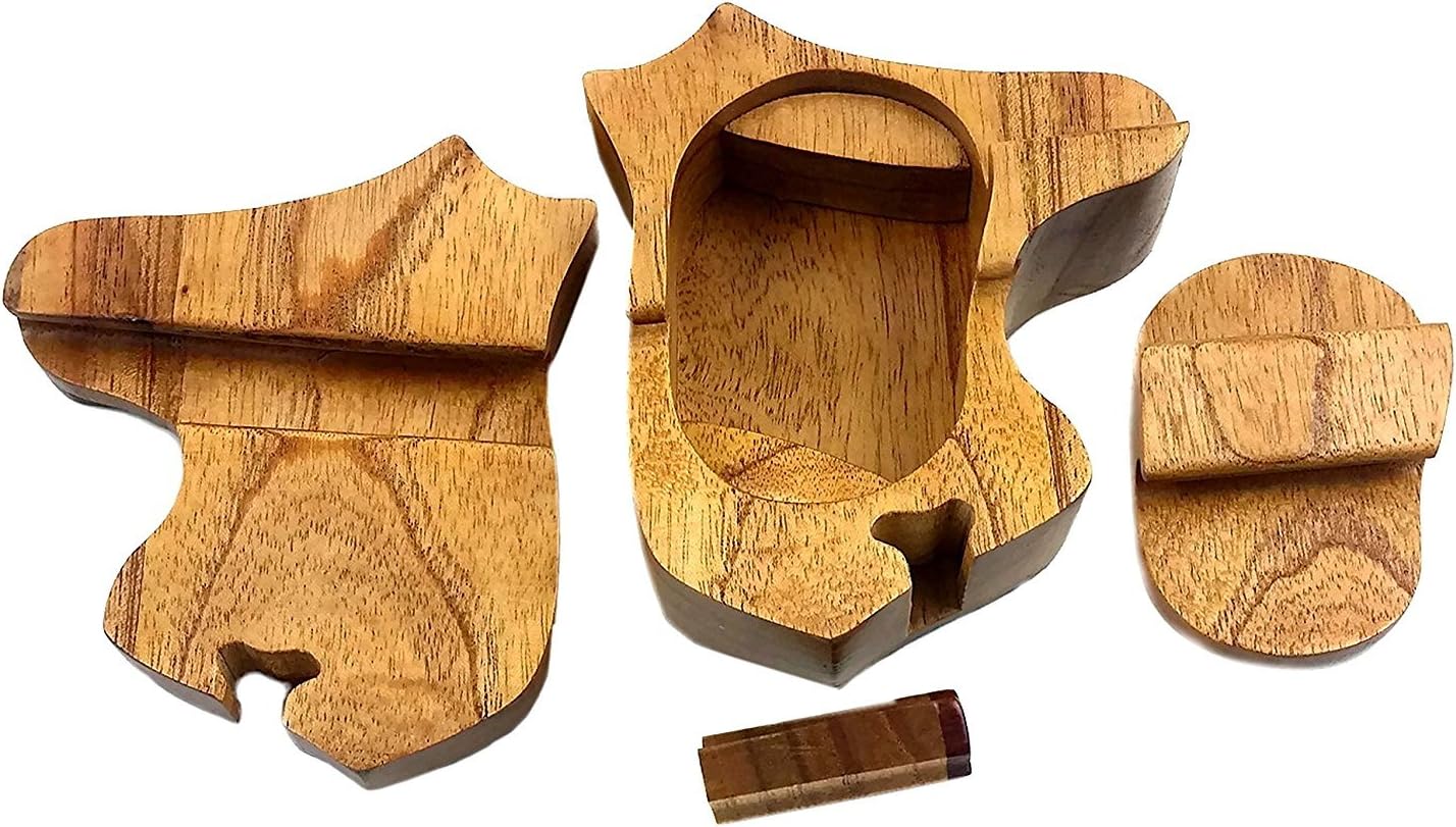Mane Stay Horse Head All Natural Exotic Woods Puzzle Box, 4.75 X 4.5 X 2 with Sliding Wooden Key Lock, Sliding Cover and Inner Lid to Hidden Compartment. Hand-Made Wood Onlay Design on Lid.