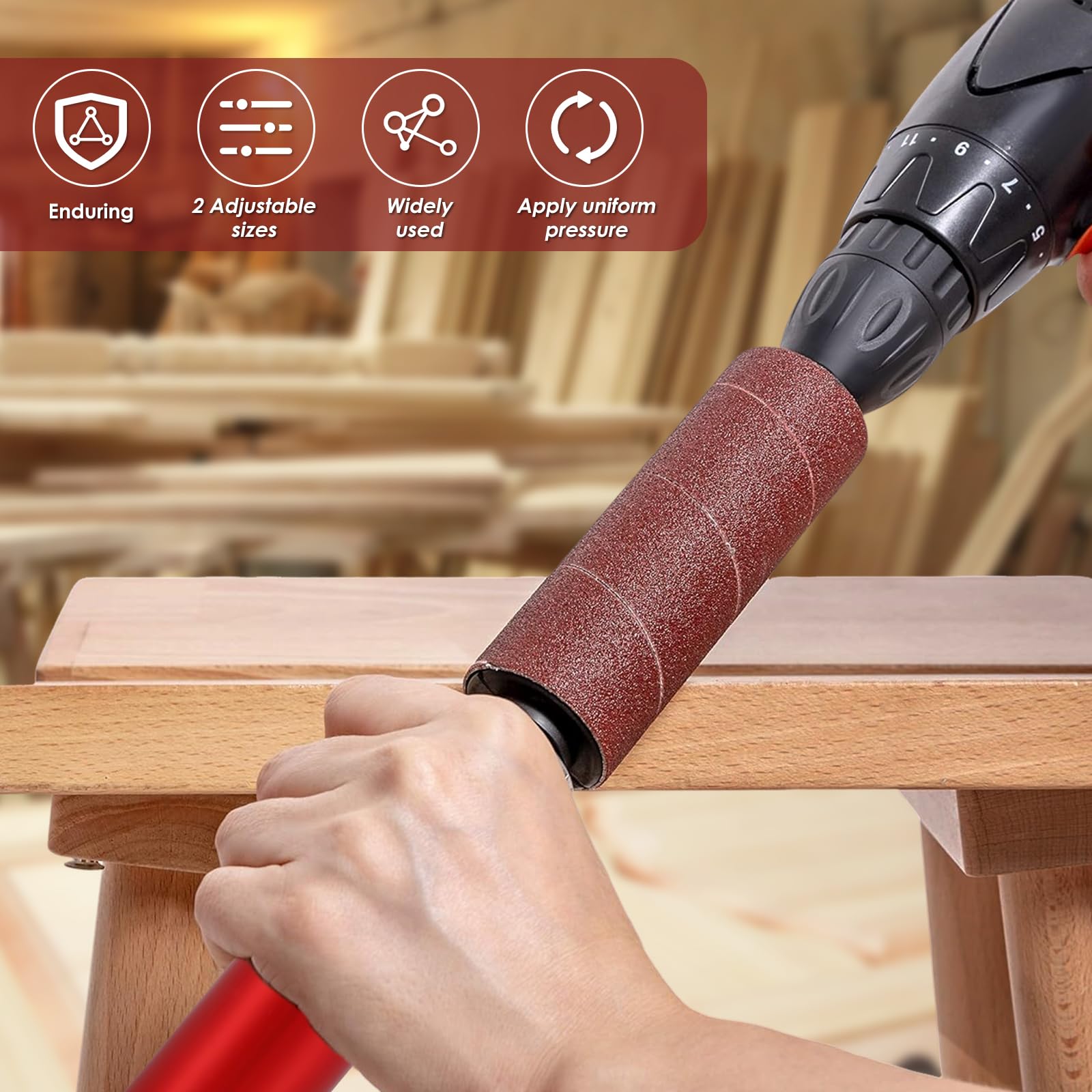 KTZCTPCA Drum Sander Set, Portable Hand-Held Spindle Sanding Drum, Rubber Sanding Drum Spindle Sander Adapter with 120 Grit Sandpaper Drum, Sanding Sleeves Power Drill Driven Drum Sander