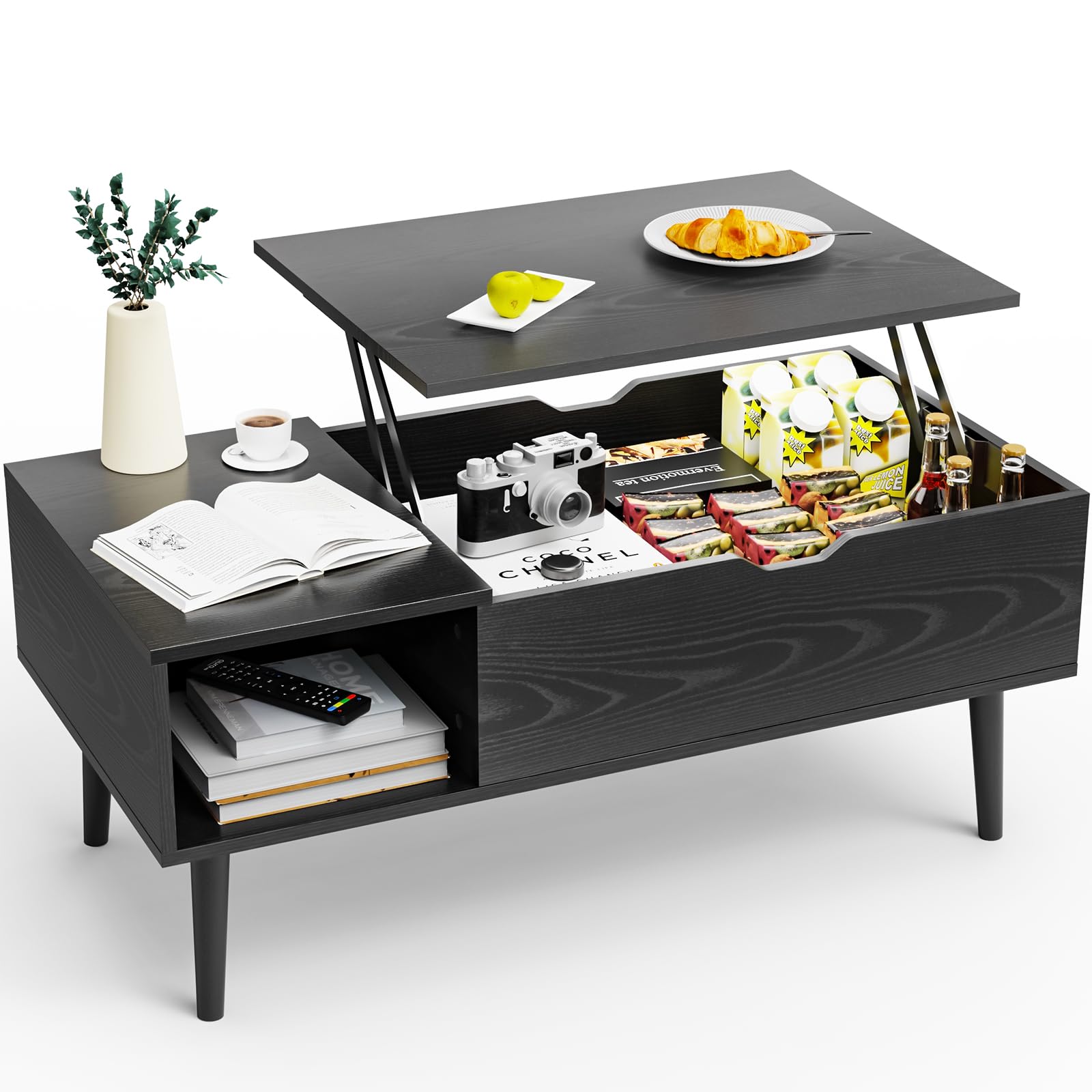 Sweetcrispy Coffee Table Lift Top Coffee Tables for Living Room Small Rising Wooden Center Tables with Storage Shelf