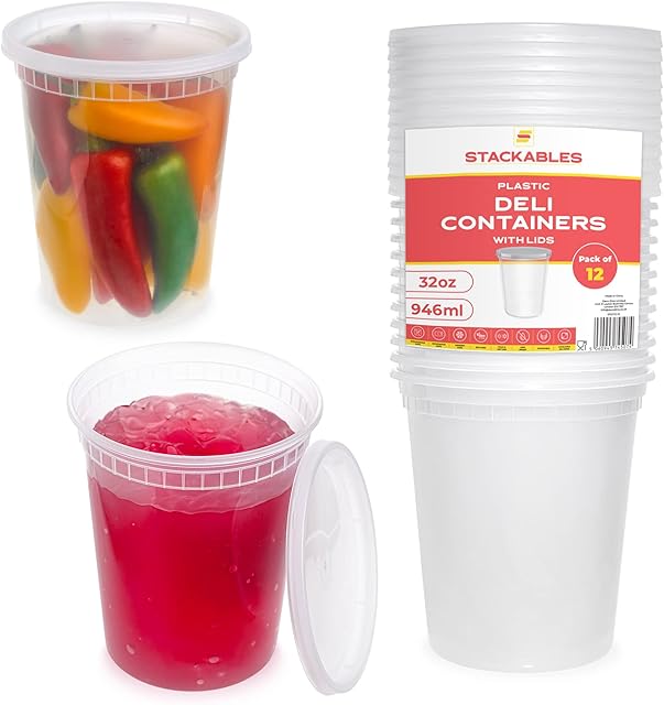 STACKABLES ~ Pack of 12 Food Storage Container Set ~ Plastic Deli Containers with Lids ~ Reusable Take Away Meal Holder (32oz - 946ml)