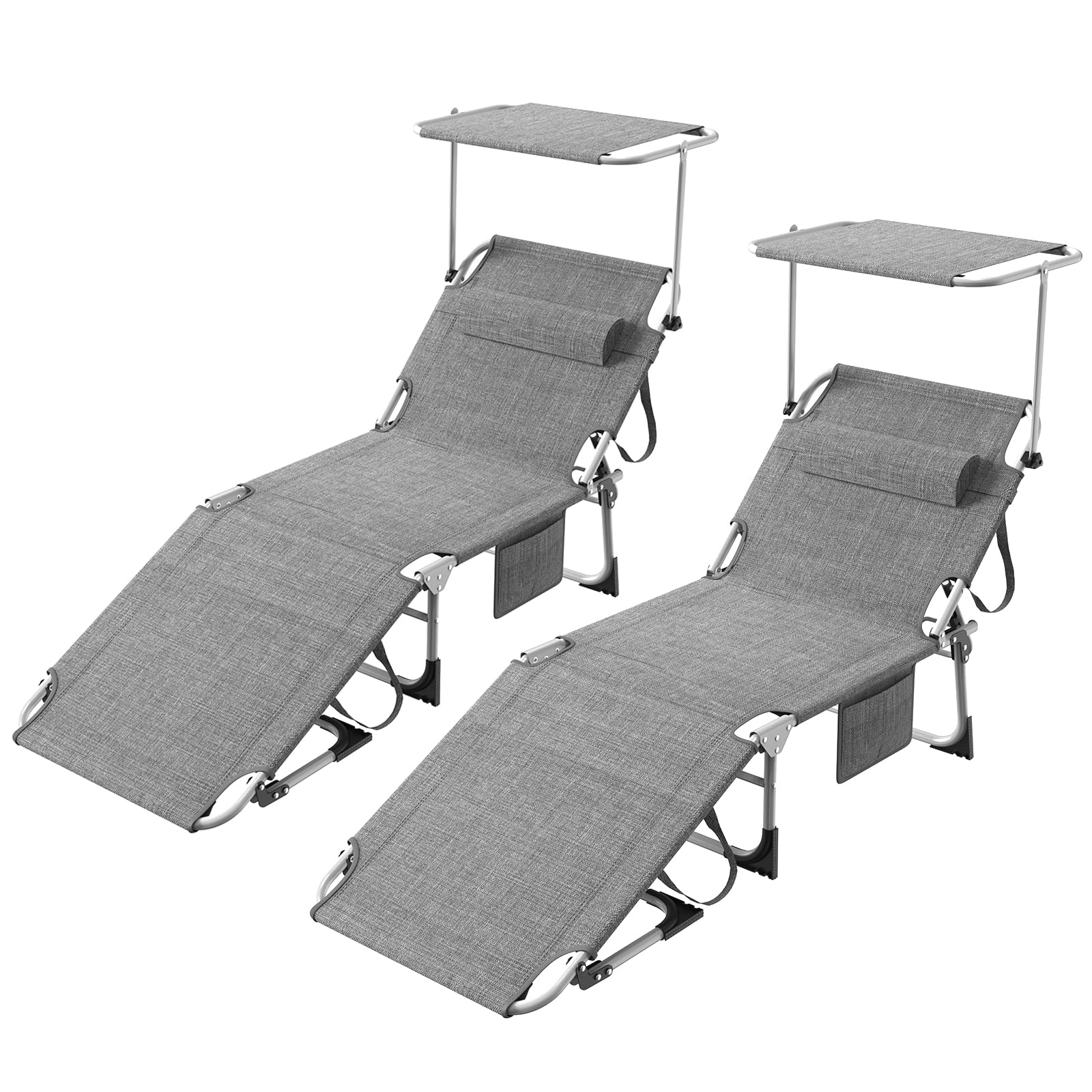 2er Set Sonnenliege Extra Breit 195x69x29, Liegestuhl Leicht mit Dach-Kopfkissen-Seitentasche, Verstellbarer Rückenlehne, Gartenliege, Strandliege Tragbar für Strand, Klappbare Sonnenliege, Leinengrau
