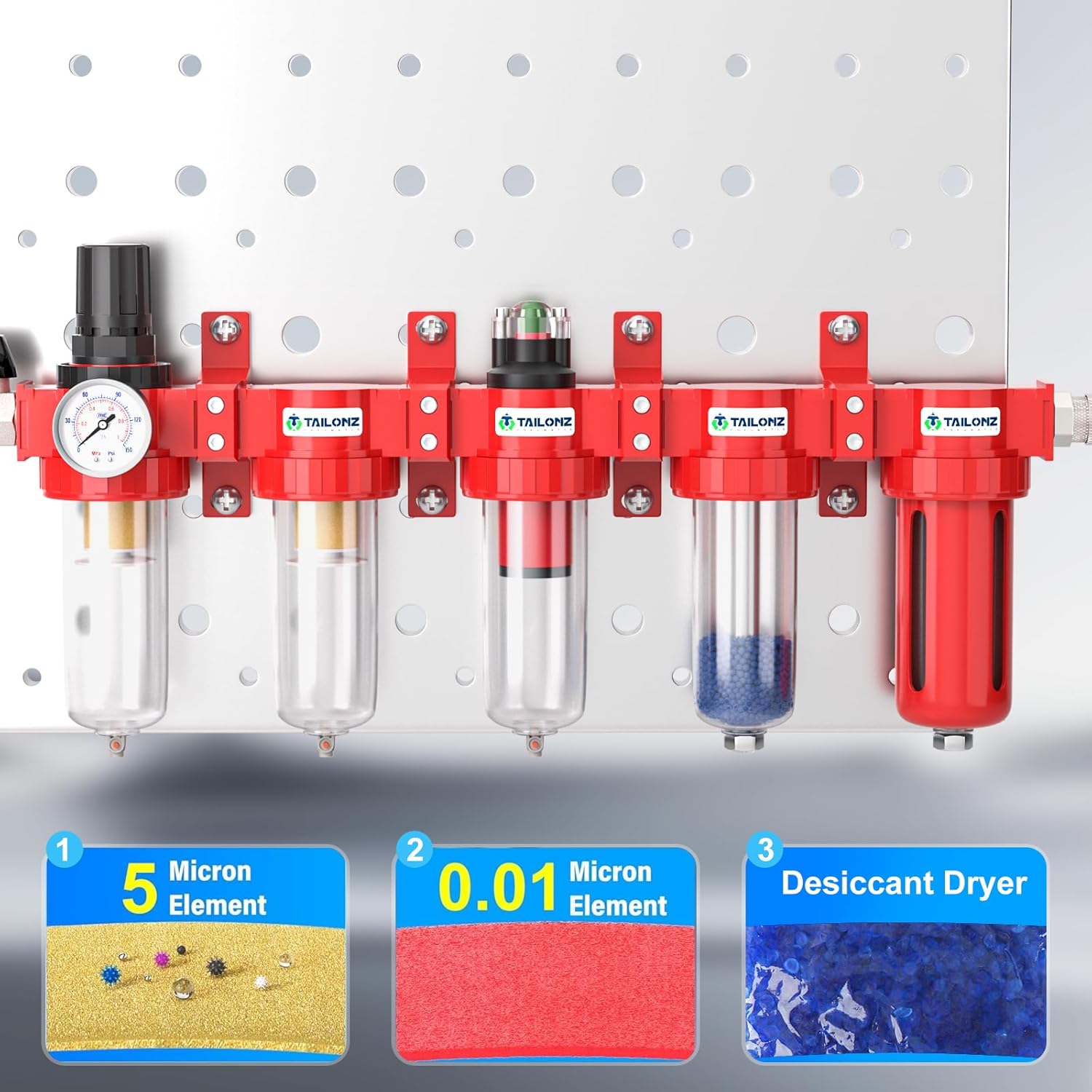 TAILONZ PNEUMATIC 0-150PSI 3/8 Inch NPT Red Industrial Grade 5 Stage Air Drying System, Particulate Filter, Coalescing Filter, Double Desiccant Dryer and Air Regulator (Manual Drainage)