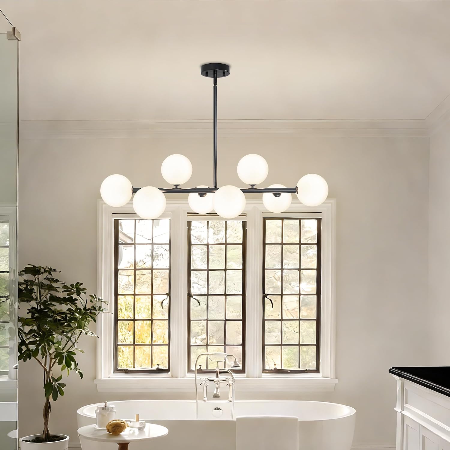 Linear Chandeliers for Dining Room 8 Light Modern Sputnik Linear Chandelier with Milk White Glass, Black Dining Room Chandelier Rectangle Globe Pendant Light Fixture, Dining Room Light Fixture 37"
