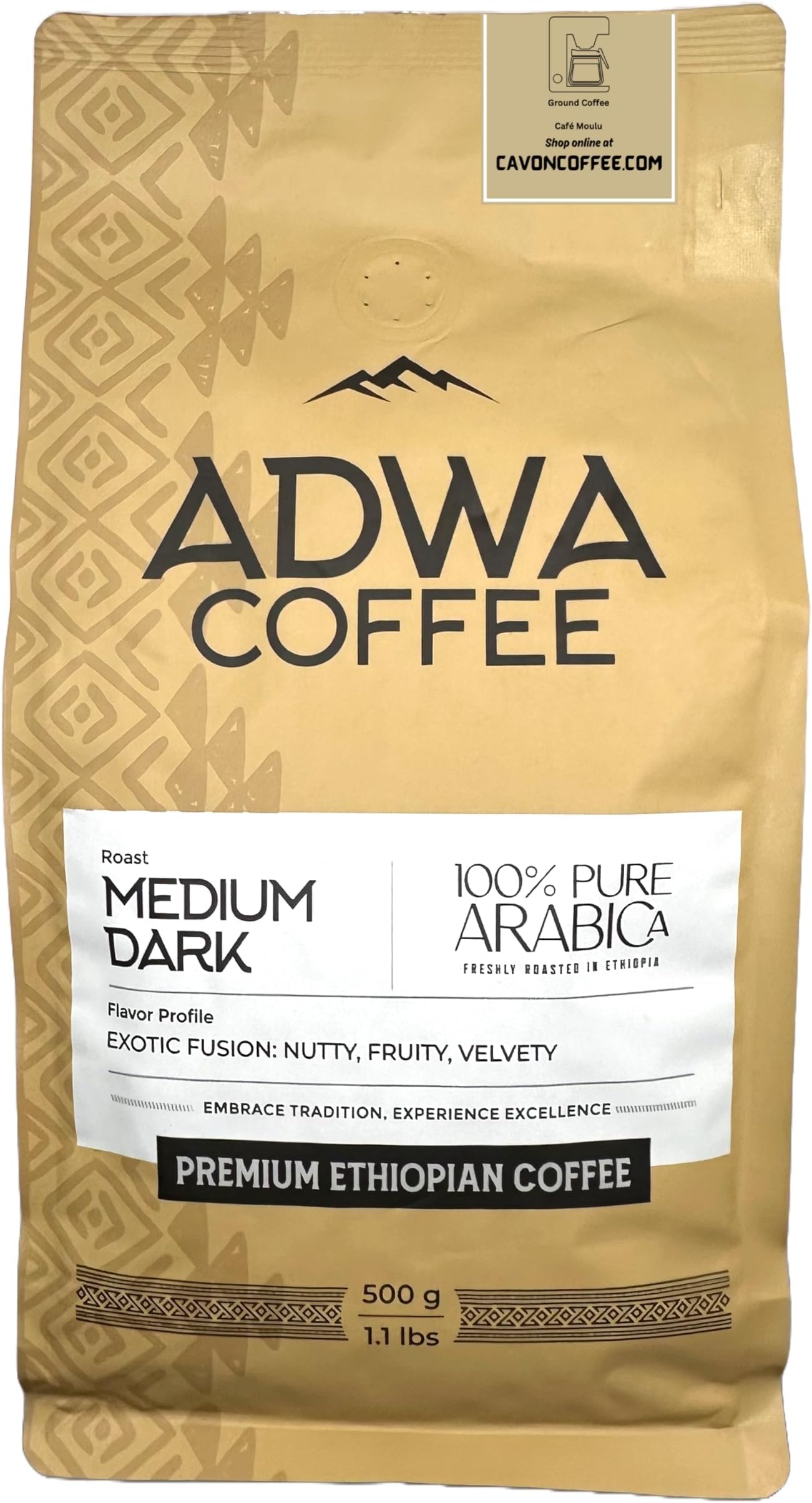 Adwa Coffee Premium Ground Coffee, 100% Ethiopian Arabica, Medium-Dark Artisan Roast, Rich and Balanced Flavor Profile - 500g