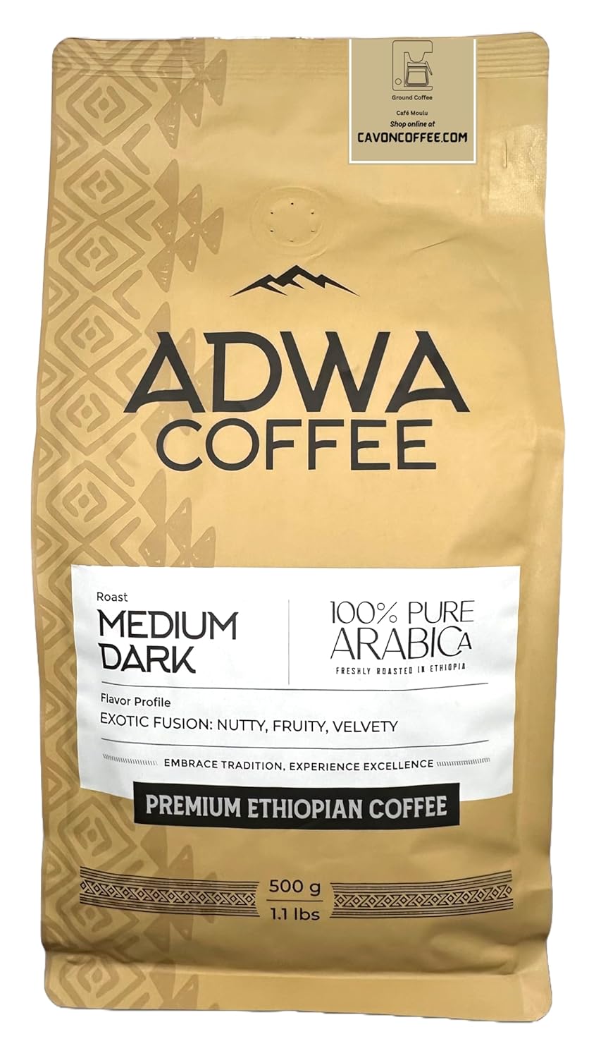 Adwa Coffee Premium Ground Coffee, 100% Ethiopian Arabica, Medium-Dark Artisan Roast, Rich and Balanced Flavor Profile - 500g