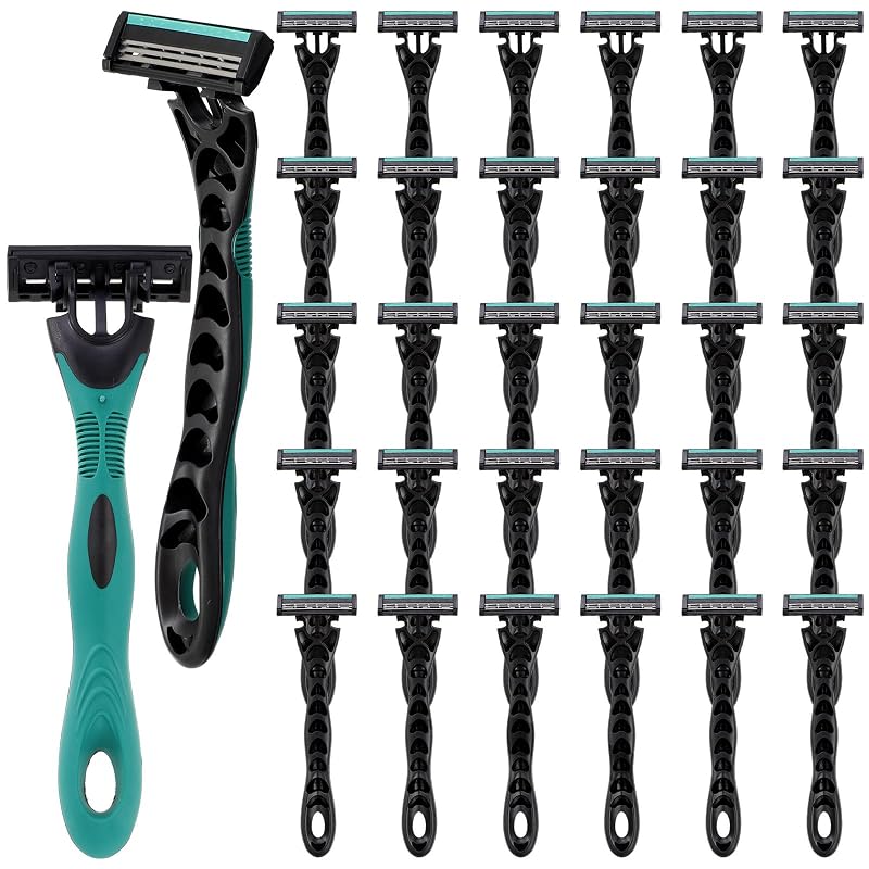 Aparelho de barbear descartável Leriton masculino com 3 lâminas, cabeça rotativa de 40 graus e embalagem individual, pacote com 30