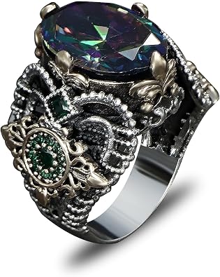 BayVog 925 Sterling Silver Vintage Style Mystic Topaz Ring, Mens Statement Ring, Silver, Handmade, Vintage-Inspired, Oval Mystic Topaz Stone, Prong Setting for Him