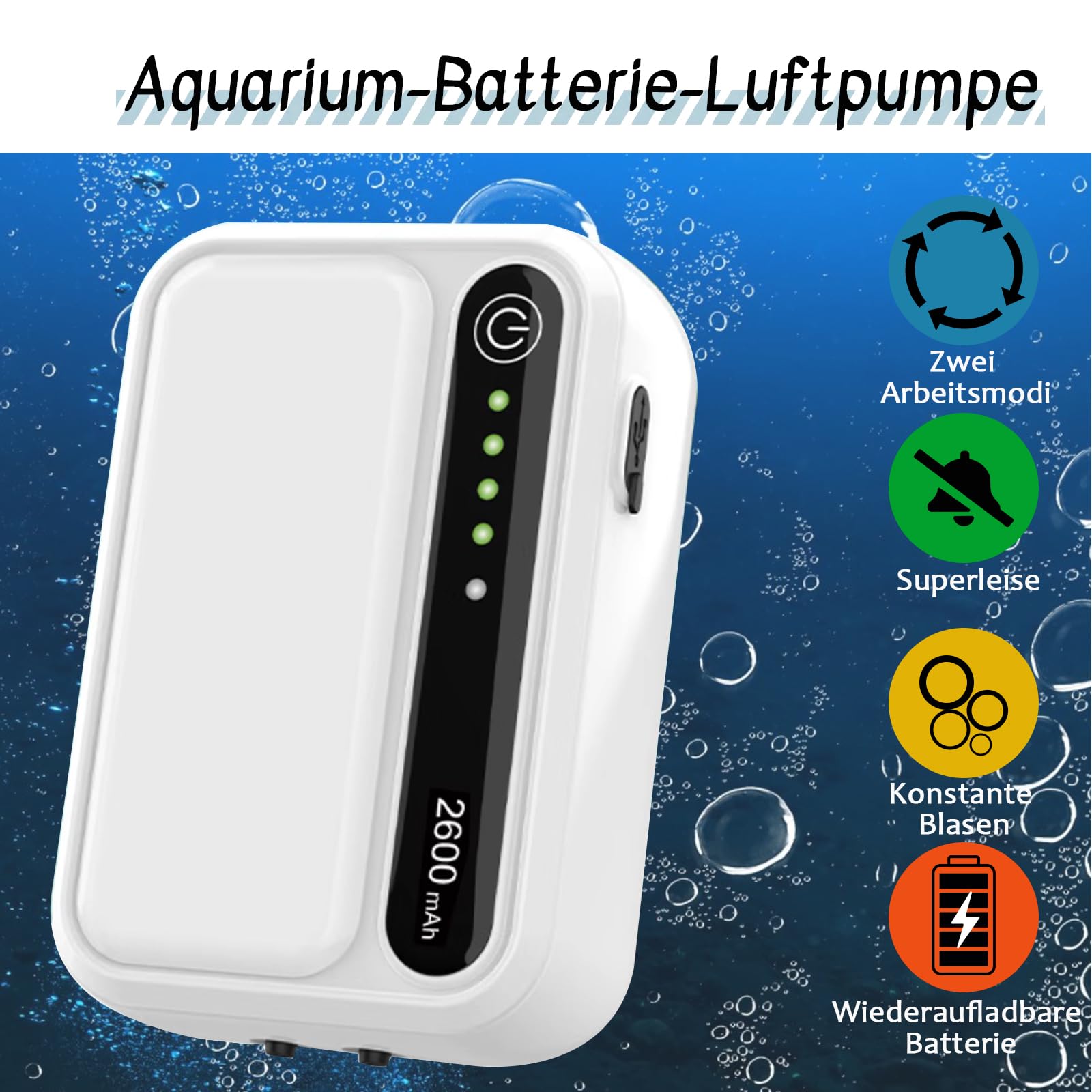 Wiederaufladbare Aquarium Luftpumpe,2600mAh Batterie Sehr Leise Sauerstoffpumpe,Multifunktionale Aquariumpumpe mit komplett Zubehör für Angeln im Freien/Aquarium/Stromausfall (Doppel Auslass)