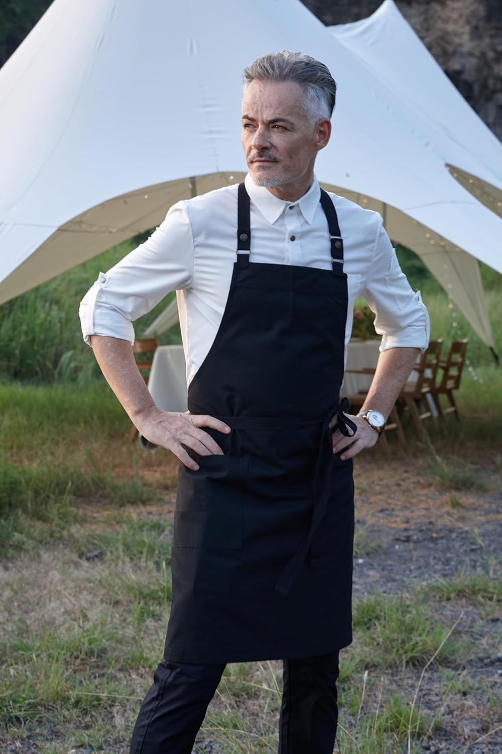 Chef Aprons for Men Women with Large Pockets Canvas Apron Waterproof Professional with 2 Pockets 4251GB