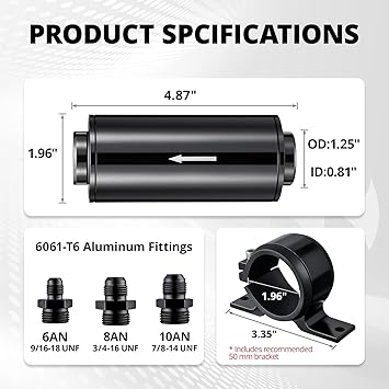 EVIL ENERGY Inline Fuel Filter 10 Micron with 6AN 8AN 10AN Adapter&Bracket Clamp 50MM Universal