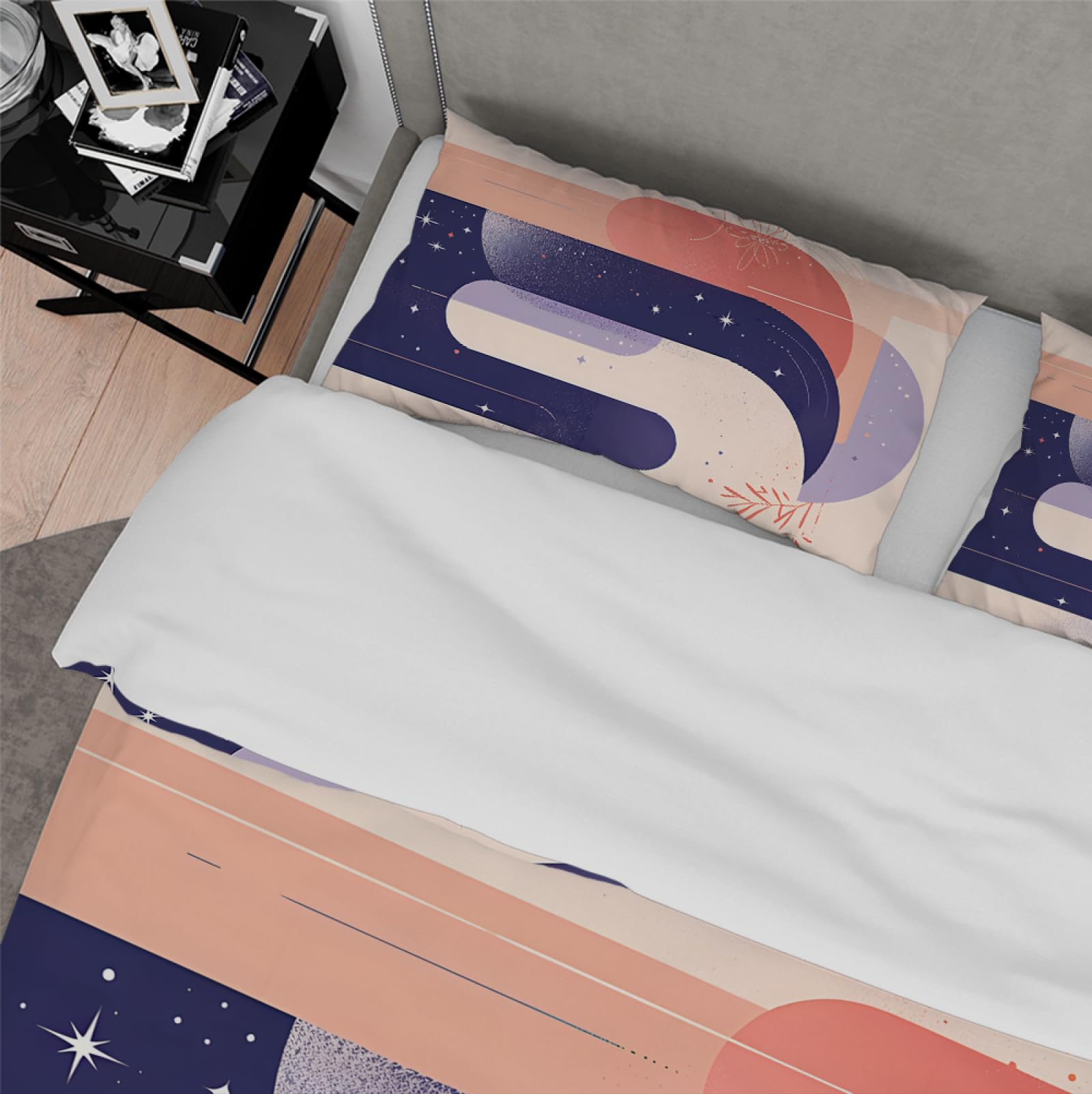 Poszwy na kołdry Boho 3 sztuki nowoczesne nordyckie abstrakcyjne gwiazdy fioletowy miękki wygodny zestaw pościeli z ukrytym zamkiem błyskawicznym na wszystkie pory roku 260 x 240 cm