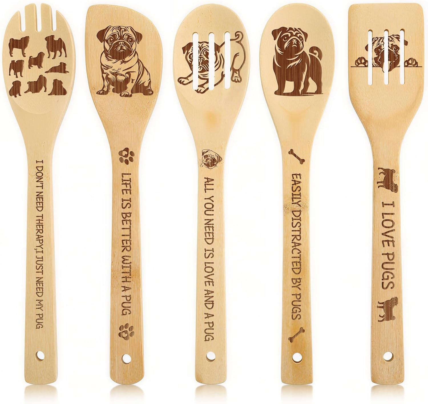 Pug Gift for Housewarming – 5 PCS Pug Bamboo Spoon Decor Kitchen Utensils