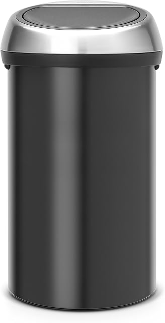Brabantia 60 Litre Large Kitchen Touch Bin (Matt Black/Brilliant Steel Lid) Removable Lid, Soft-Touch Open, Easy Clean Rubbish Food Waste Bin