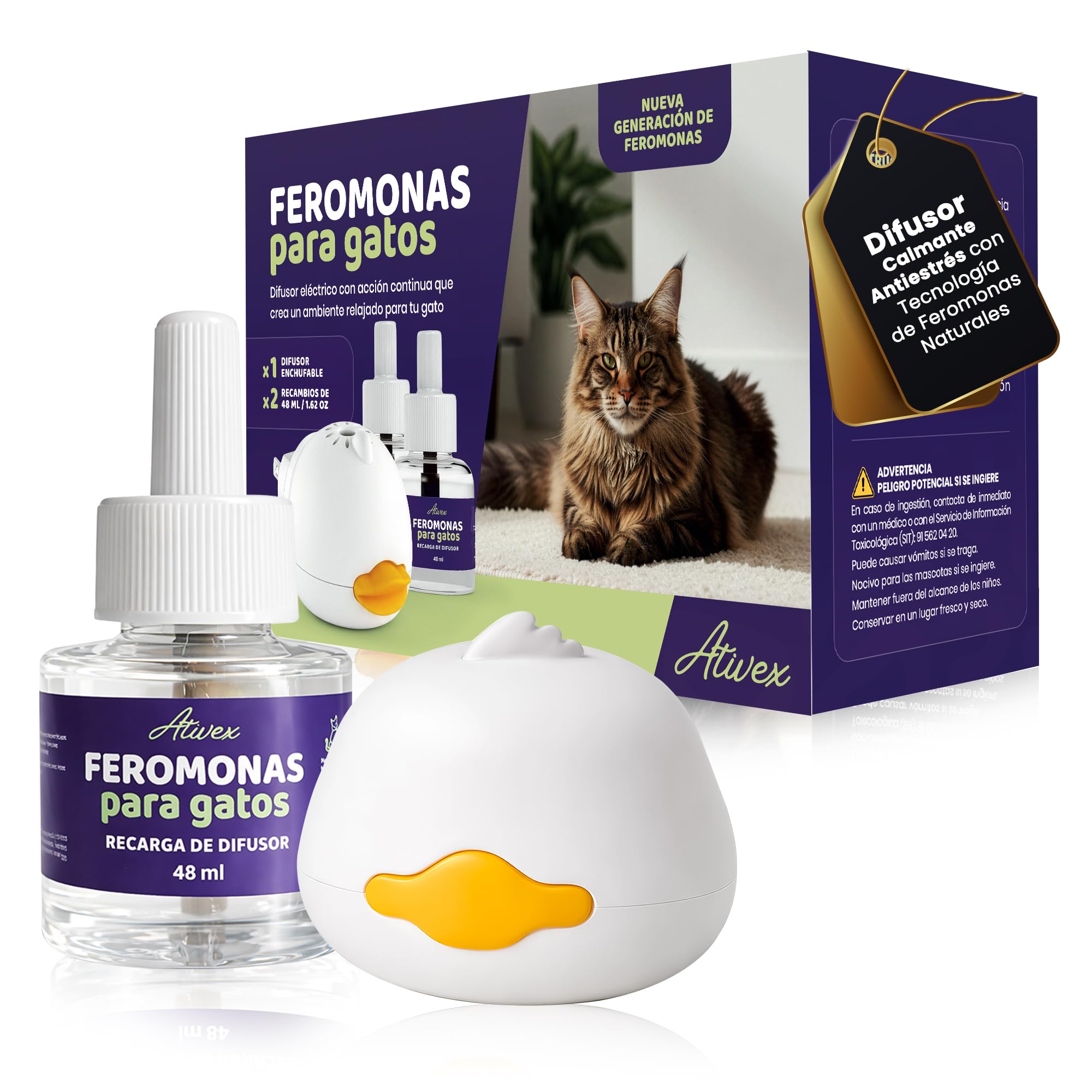 Feromonas para Gatos - Difusor + 2 Recambios (60 días, 48 ​​ml) - Ayuda a Crear Armonía y Reducir Conflictos Entre Gatos como el Estrés, Arañazos, Miedos, Cambios, Marcaje con Orina.
