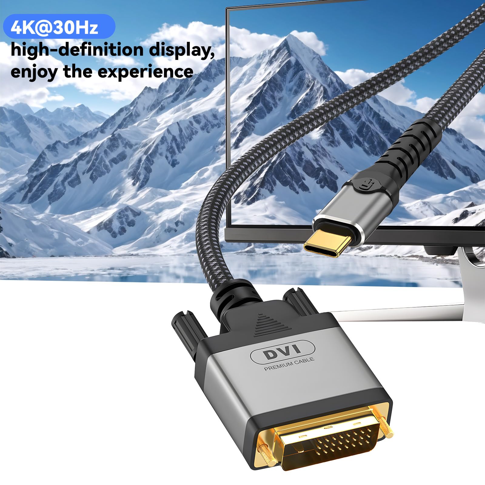Cavo intrecciato in nylon da USB C a DVI, 4K30Hz, USB 3.1 tipo C a DVI, adatto per telefoni cellulari, laptop, tablet, proiettori, display (1,8 m)