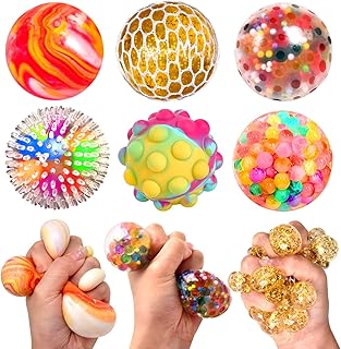 6 Pack Squishy Stress Balls for Kids and Adults Fidget Toys, Sensory Squeeze Ball with Colorful Water Beads, Pop Fidget Ball, Mesh Ball, Color Change Ball, Help to Relax, Decompress and Focus