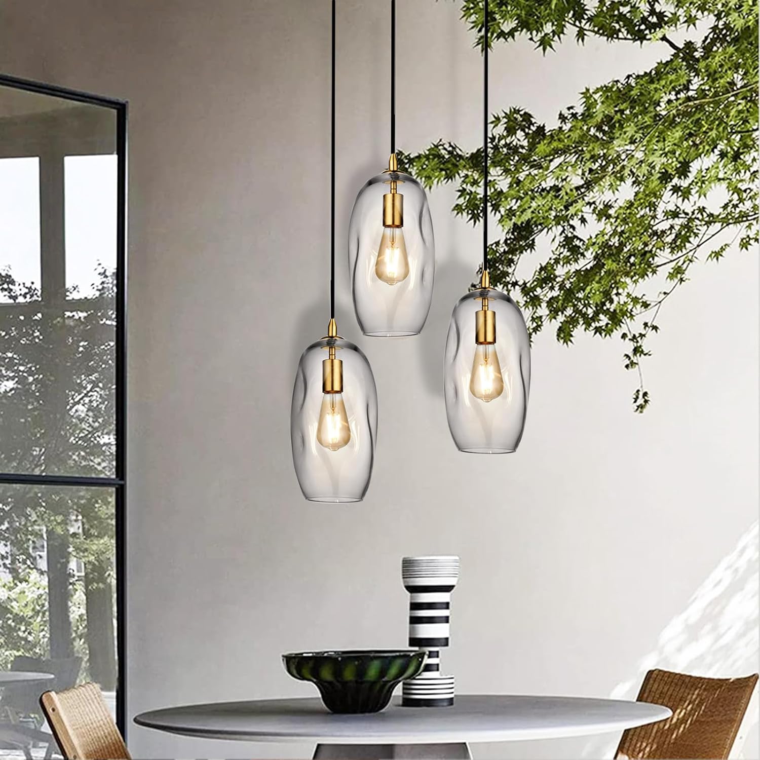 Gold Pendant Light Fixtures Adjustable Modern Kitchen Island Lighting Glass Organic Ceiling Hanging Light Fixtures for Bar, Counter, Patio, Over Sink, Dining Room,Table 12.5'' Height - Transparent