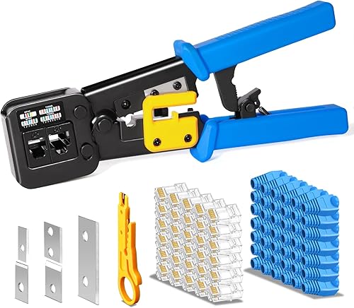 Hiija Herramienta de crimpado RJ45 para crimpado Cat5 Cat5e Cat6 para conectores RJ45RJ12 de paso regular y final con 50 conectores, 50 cubiertas y