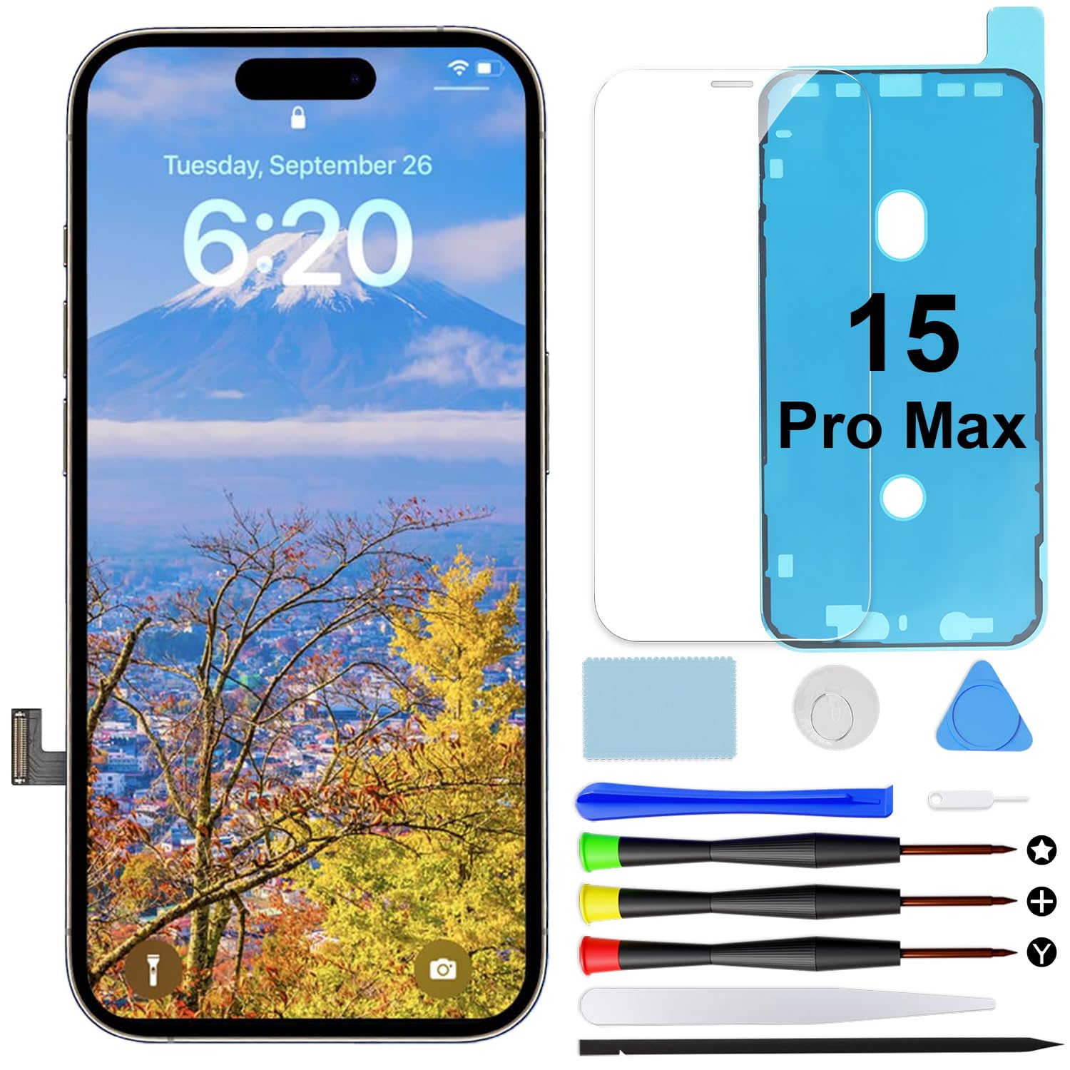 Display per iPhone 15 PRO Max, Schermo LCD Full HD 6,7" Touch Screen Digitizer Parti di Ricambio con Kit di Riparazione e Protezione Schermo