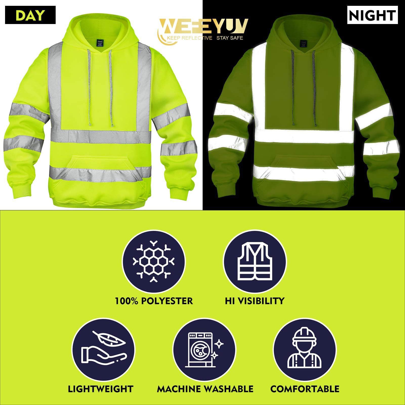 wefeyuv hi vis sweatshirt, reflective hoodie for men,safety sweatshirts for men with Breathable Fabric,ANSI Class 3 safety sweatshirt Pullovrer Yellow xxl for Construction Traffic Control Surveying