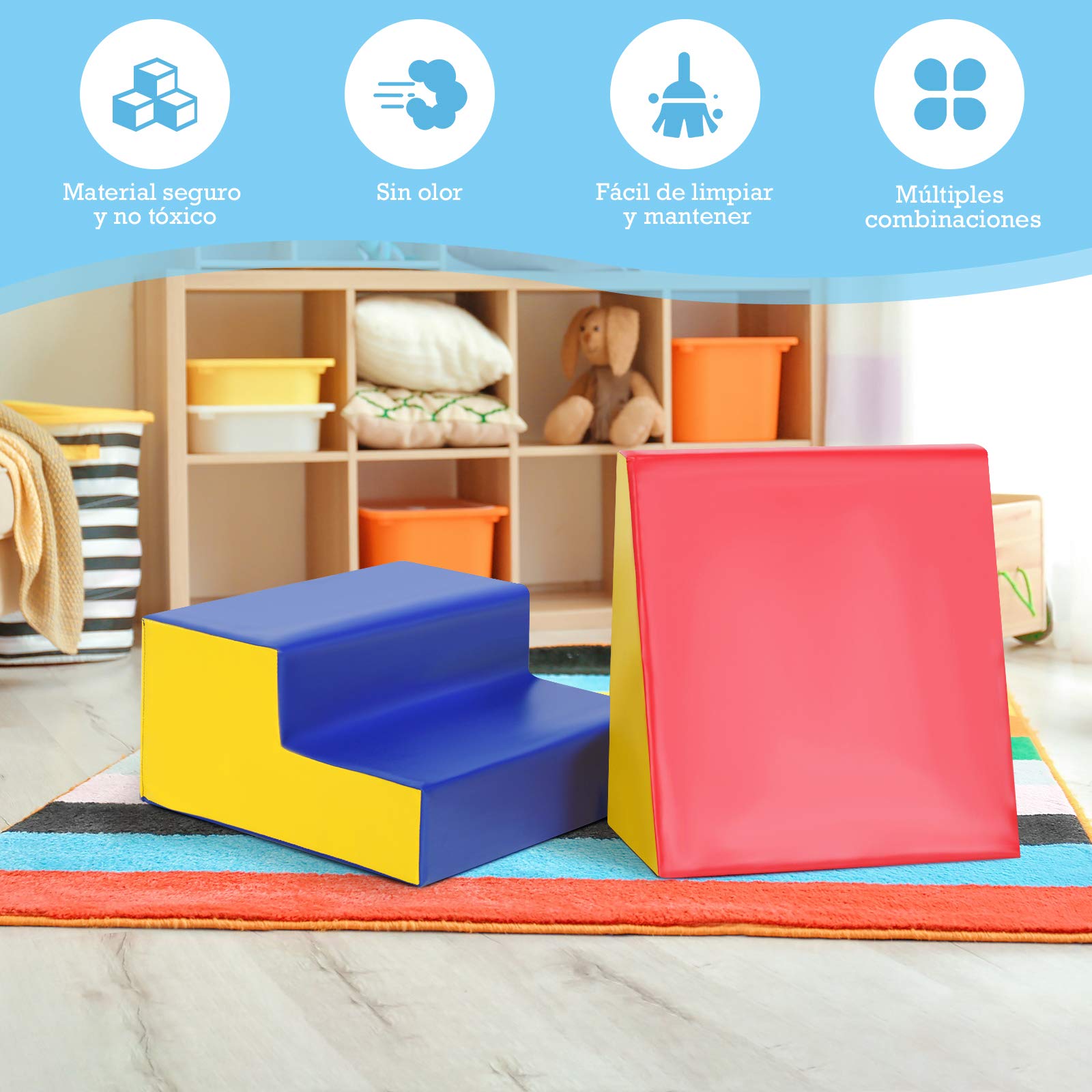 COSTWAY Juego de 2 Piezas Bloques Suaves Grandes Actividad para Escalar y Gatear Juguetes Educativos para Niños (Rojo y Amarillo)