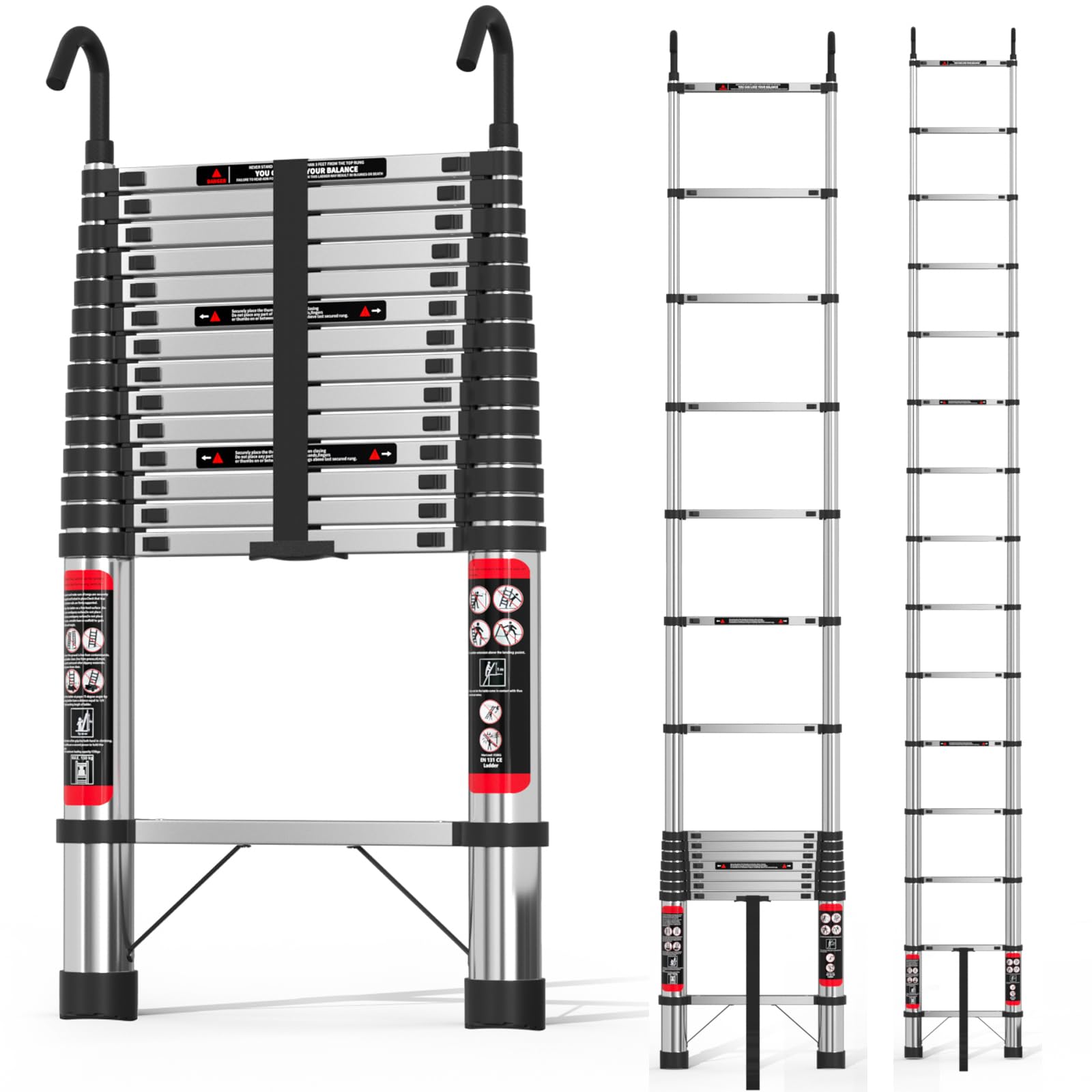 5M Telescopic Ladder with Detachable Hooks Stainless Steel Heavy Duty Extendable Foldable Multi Purpose 16.5ft Ladder, More Sturdy and Durable than Aluminum Ladder