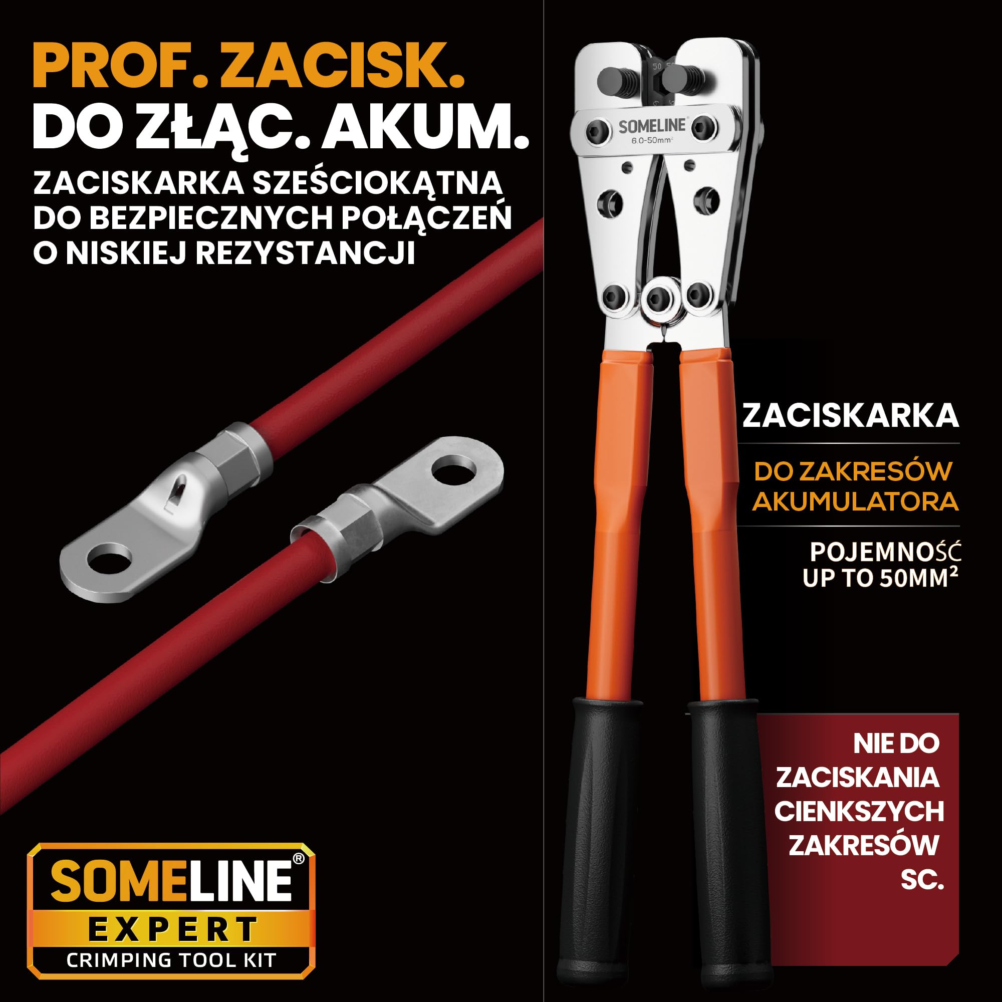 SOMELINE Szczypce do zaciskania końcówek kablowych 6-50 mm², zestaw końcówek kablowych, końcówki oczkowe z cynowanym otworem na śrubę, miedziane, zestaw szczypiec do zaciskania, elektronarzędzie