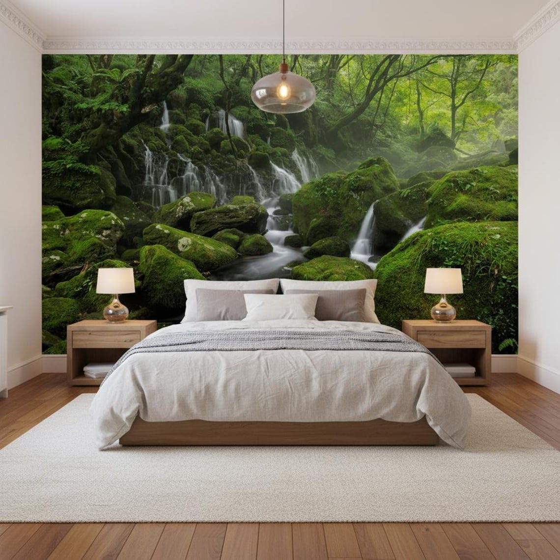 Sunny Graphics Print Forest Waterfall Wallpaper Mural Nature Photo Wall Art with Mossy Rocks Trees Mist Flowing Water for Home Studio Decoration Wall Covering