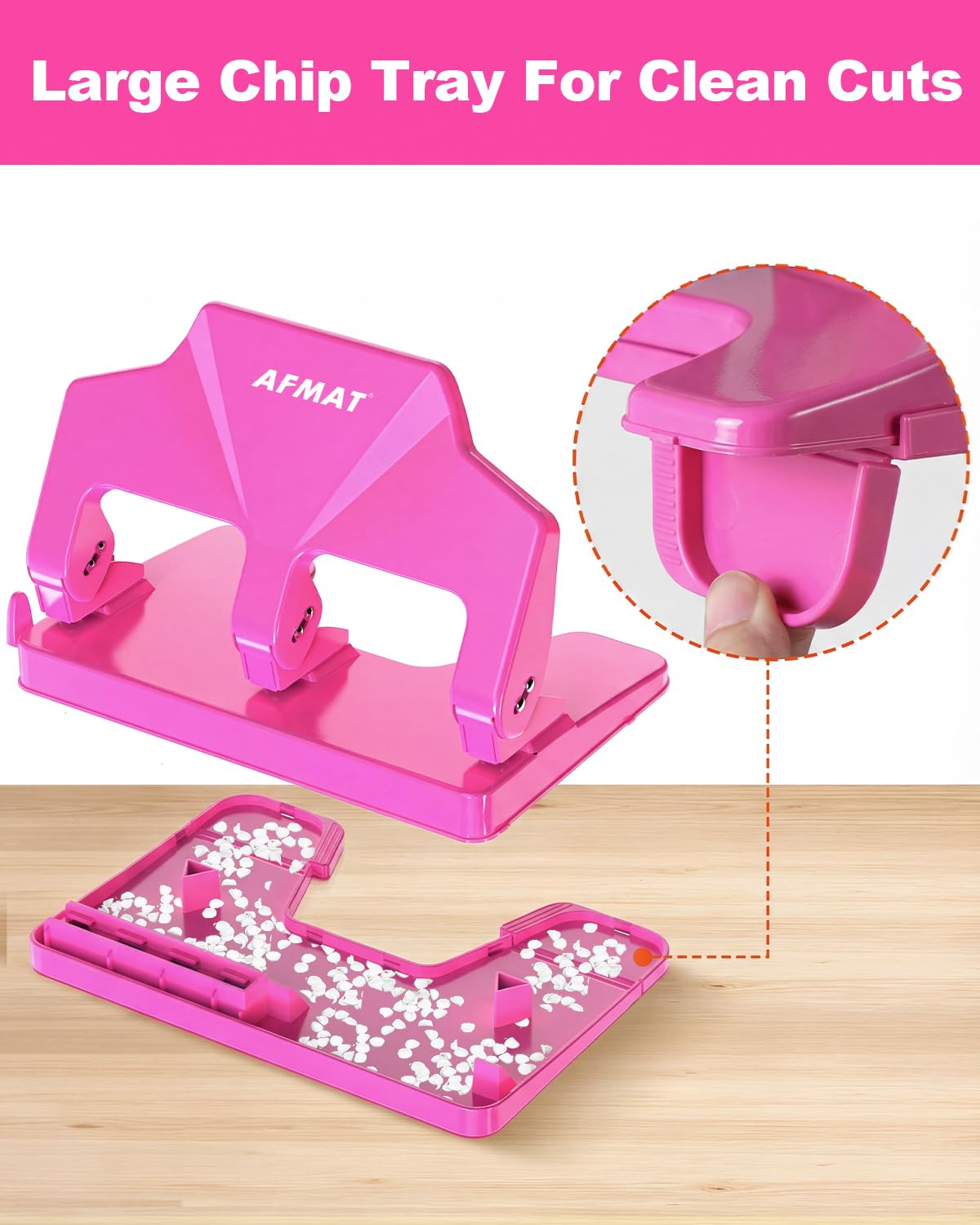 AFMAT 3 Hole Punch Heavy Duty, 40-Sheet Three Hole Punch, 50% Reduced Effort, 3 Hole Puncher for Binder w/Large Chip Tray, 9/32" Holes Diameter, Metal Paper Puncher for Home/Office/School, HP14(Pink)