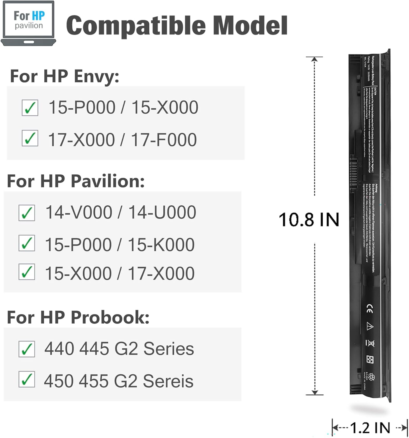 Image showing compatible HP laptop models for the VI04 battery, including Envy, Pavilion, and ProBook series, along with battery dimensions.