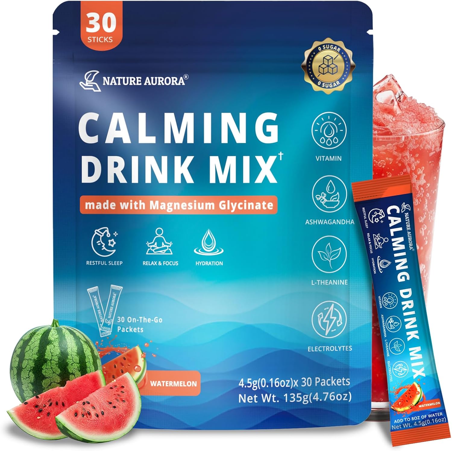Cortisol Powdered Drink Mix Calm, Adaptogenic Drink Mix with Magnesium Glycinate, L-Theanine, Ashwagandha, Mushroom & Vitamin, Magnesium Powder for Sleep & Stress Relief, Watermelon Flavor, 30 Packets