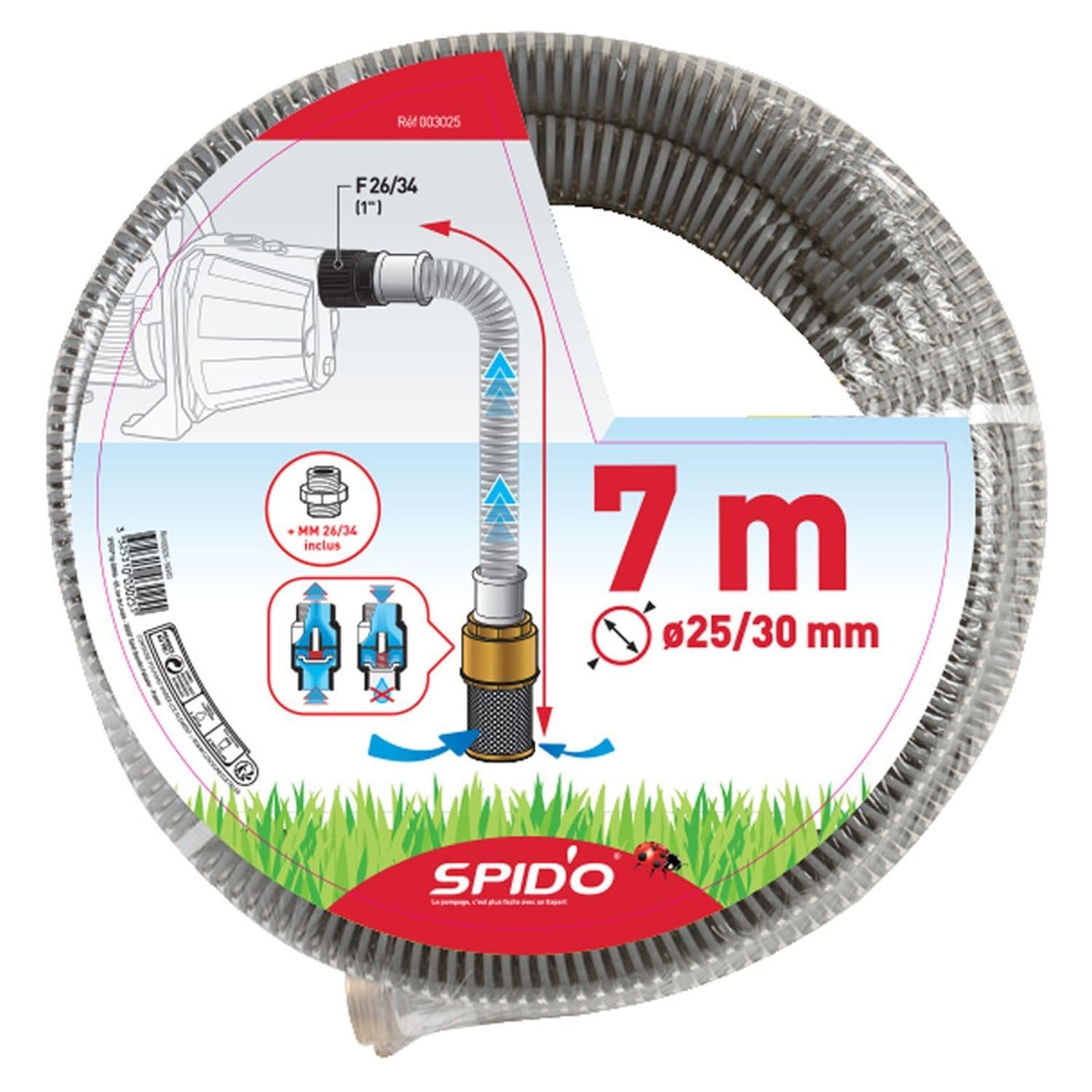 SPIDO - Kit d’Aspiration Laiton Renforcé 7 m Ø 25 mm - Pour Pompes de Surface et Groupes de Surpression - Clapet et Crépine Laiton/Inox