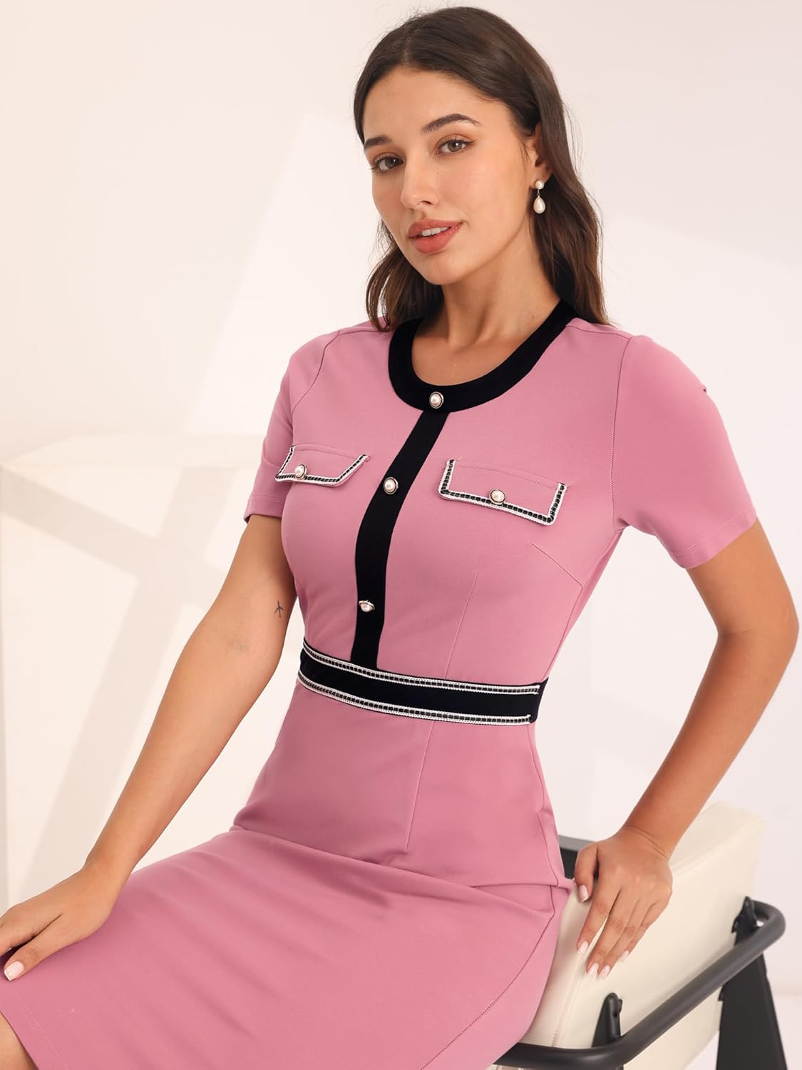 Women's Pencil Dress Short Sleeve Contrast Color Elegant Stretchy Bodycon Work Dresses - Image 2