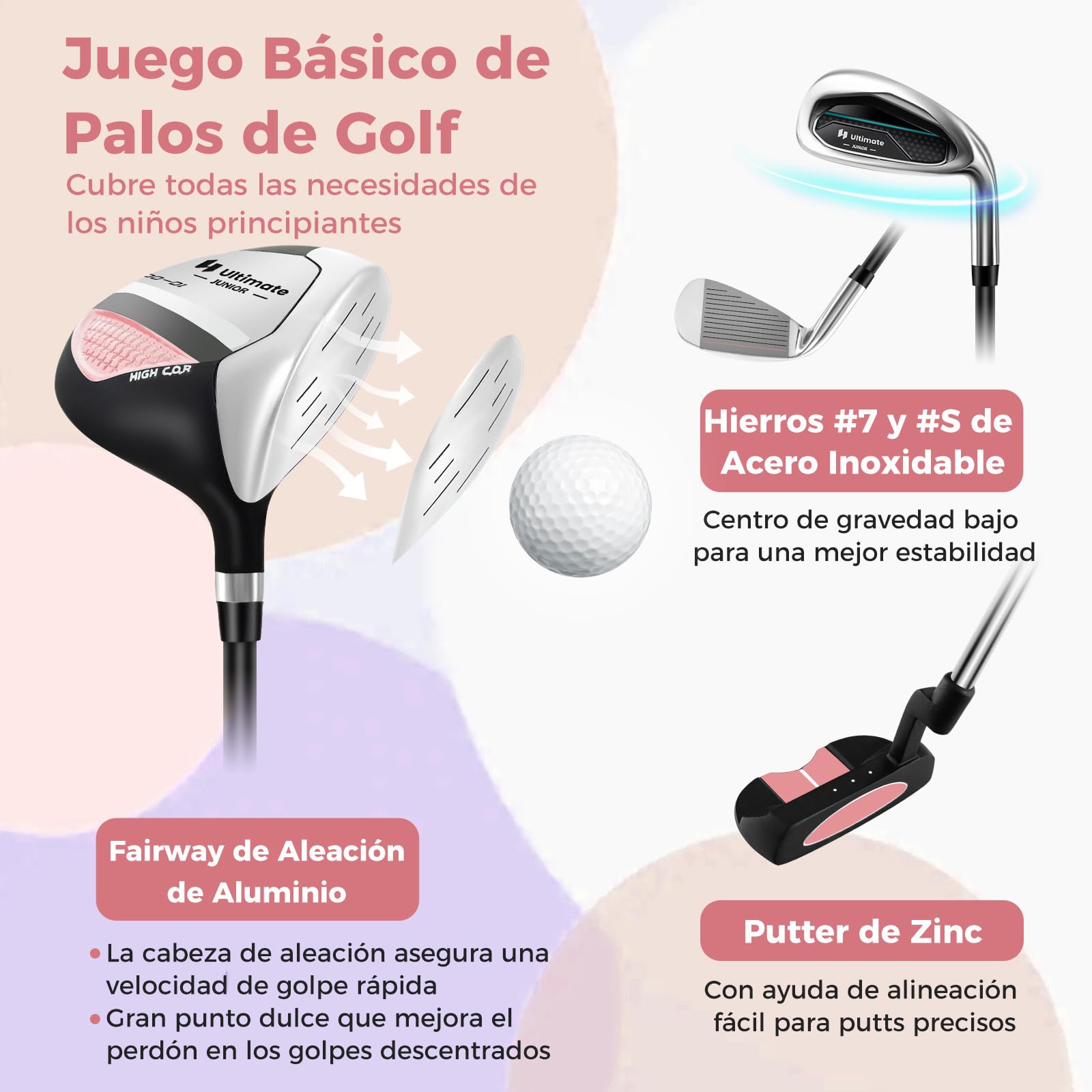COSTWAY Juego de Palos de Golf para Niños de 8 a 10 Años, Incl. Bolsa de Soporte con Capucha para Lluvia, Driver n.º 1, Hierros y Putter n.º 7#S para Niños y Niñas, Diestros