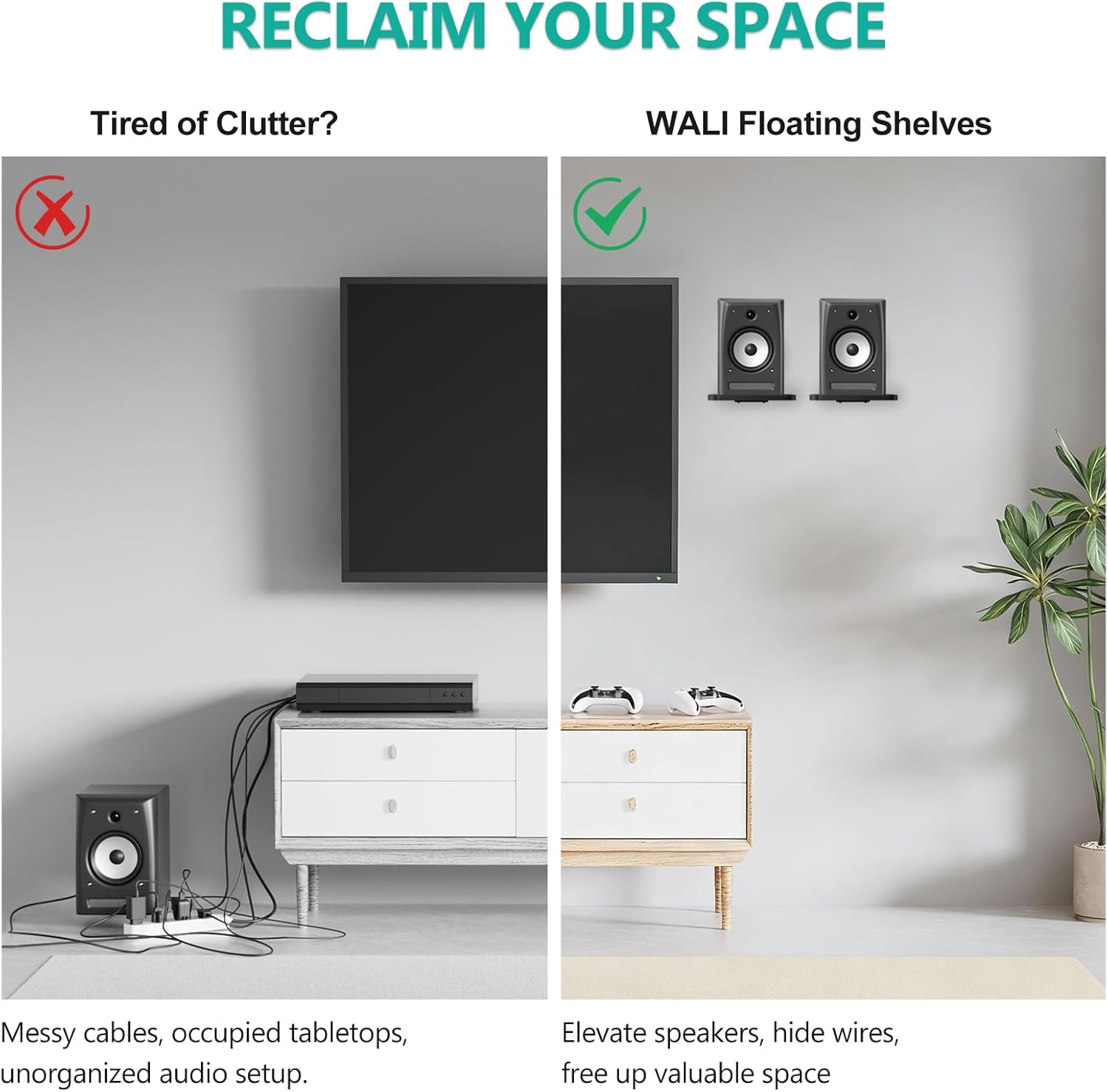 WALI Speaker Wall Mount, Heavy Duty Bookshelf Speaker Floating Wall Shelves, Surround Sound Speakers Stand for Living Room, Home Theater and Gaming Room, Holds up to 55 Lbs, (SWM302B), 1 Pair, Black