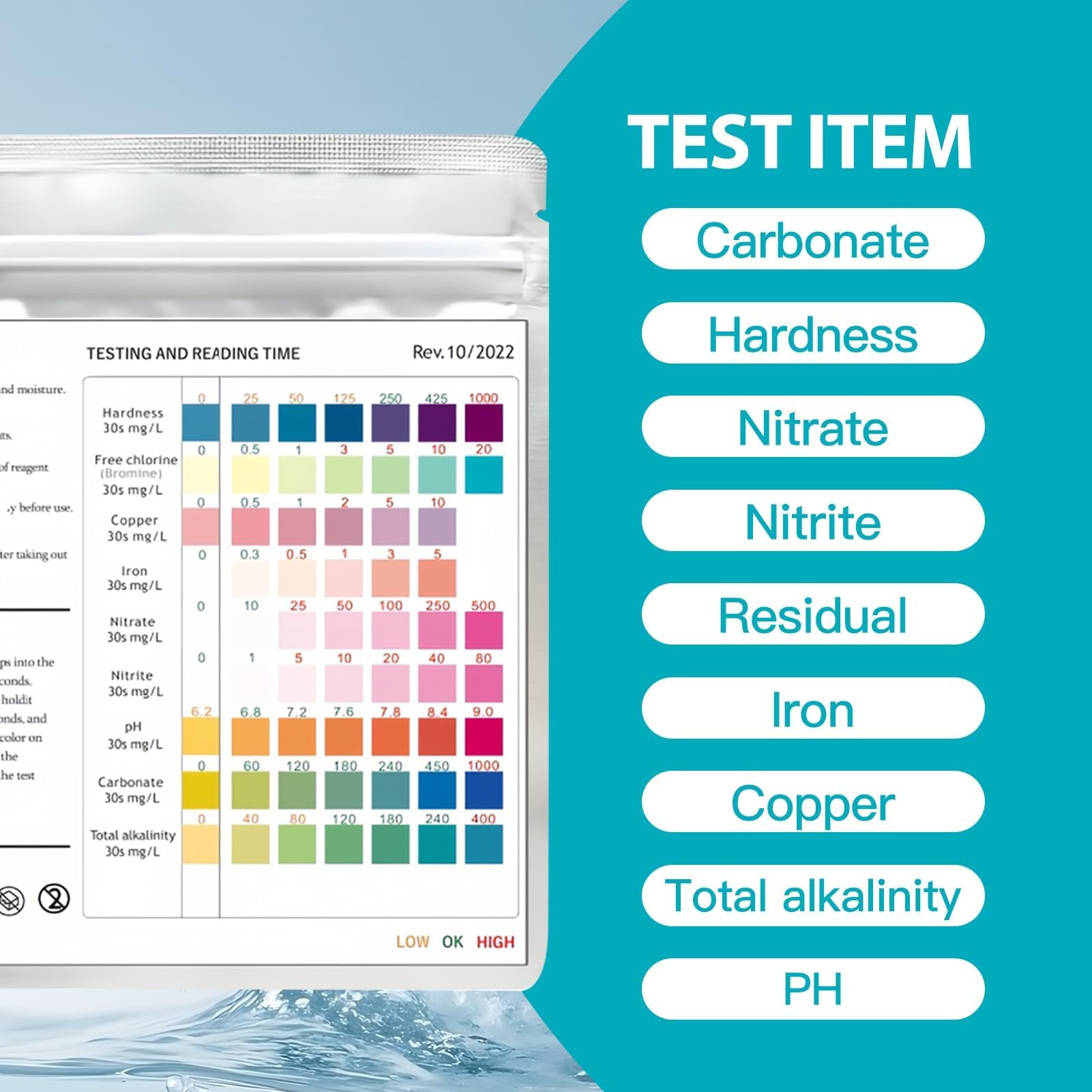 Lot de 100 Bandelettes Test Eau Aquarium 9 en 1, Kit Test Aquarium Eau Douce et Eau Salée, Test Nitrite Nitrate pH GH KH Chlore Cuivre Fer avec Tube et Thermomètre