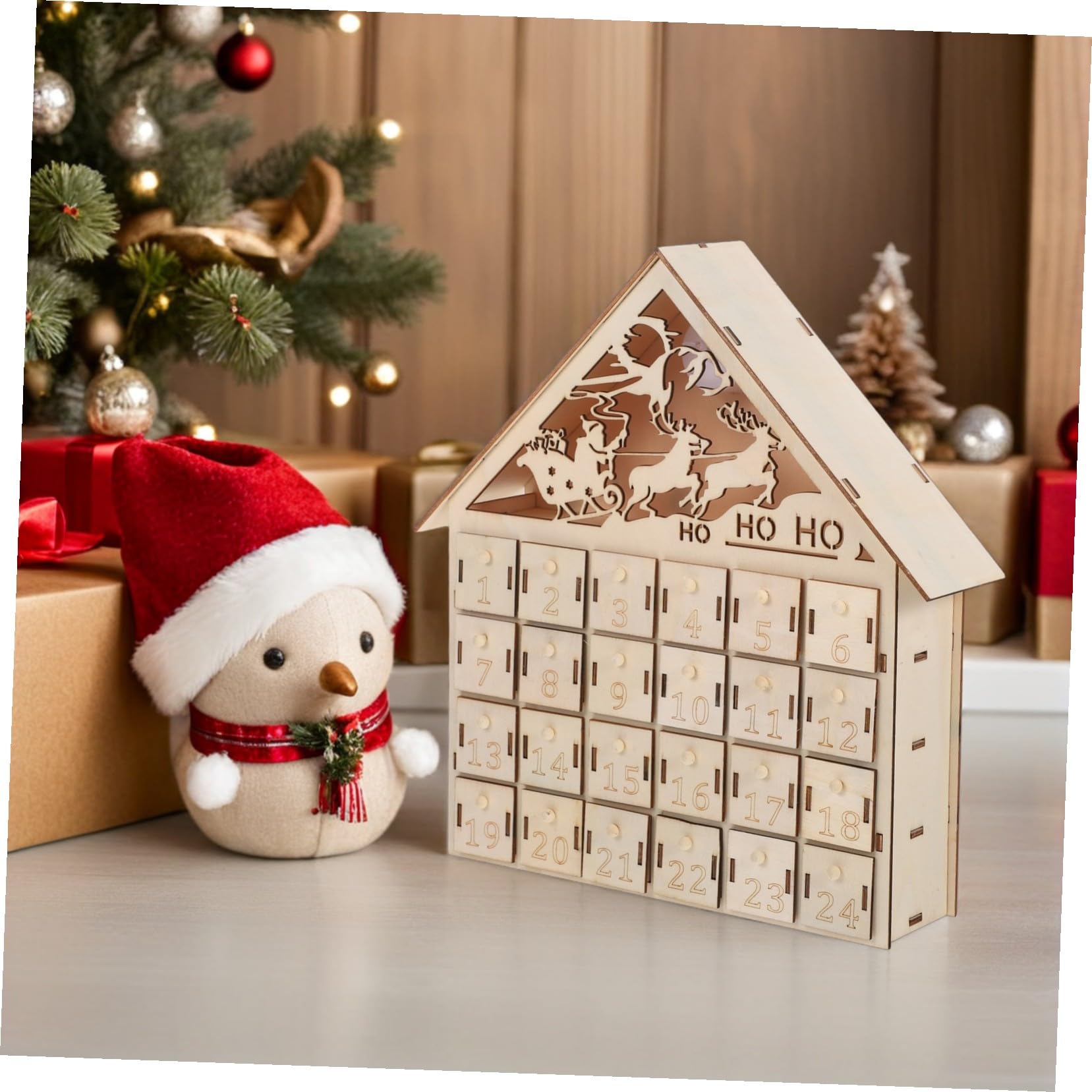 POPETPOP Calendario de Adviento de Madera LED Iluminado Reutilizable Decoración Navideña de Mesa Rústica Regresiva Navidad