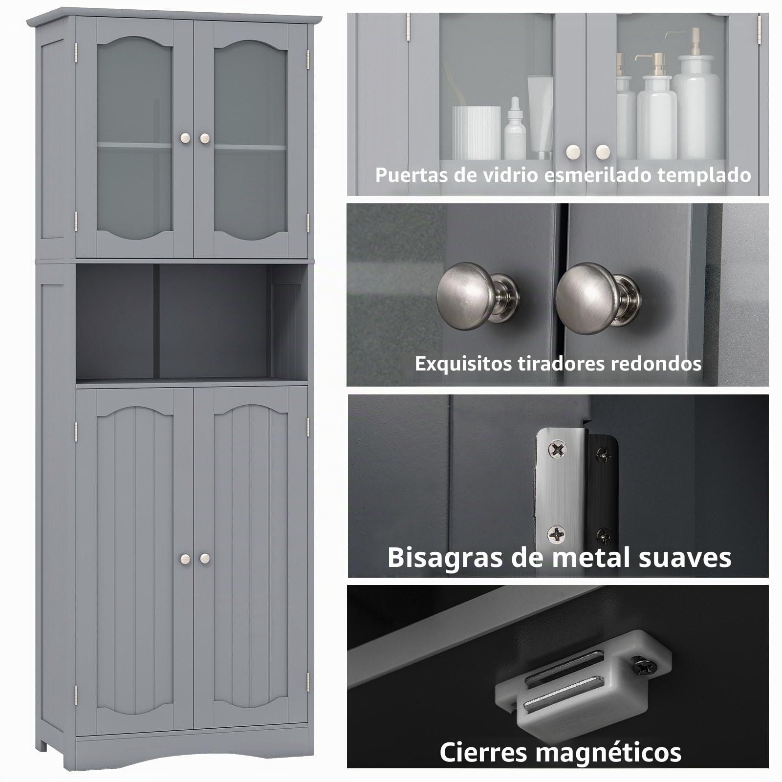 LIFEZEAL Armario Alto para Baño Independiente con Puertas de Cristal, Armario de Baño con Estantes Ajustables, Organizador de Almacenamiento para Cocina, Salón, Oficina, 60 x 30 x 164 cm (Gris)