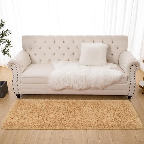 Miniatura 4 de Toneed Alfombra mullida para dormitorio, sala de estar, 2 x 6 pies, color camello, alfombra lanuda súper suave y moderna, alfombra de felpa mullida