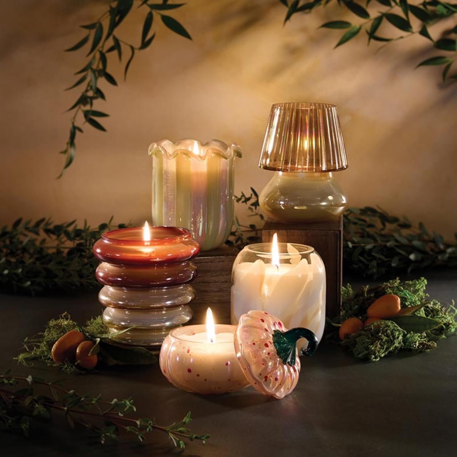 47th & Main Fall Scented Candles Pumpkin-Shaped Amber Spotted Decorative Glass Candle for Home Decor, 4" Dia x 4.75" Tall, Pumpkin Spice