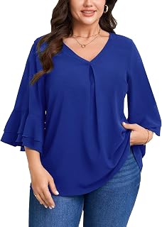 SCOMCHIC Plus Size Blouses for Women Dressy Casual 3/4 Tiered Bell Sleeve V Neck Elegant Shirts Work Tunic Tops