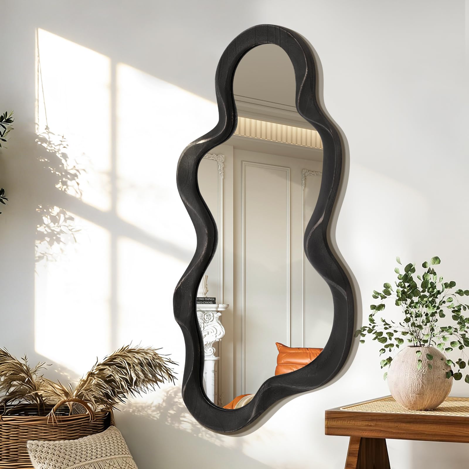 Lzuso Inky Asymmetrical Wall Mounted Mirror Cloud Wood Frame Irregular Mirrors For Bedroom Living Room Vanity Entryway Hallway Decorative Artistic Wall Mirror
