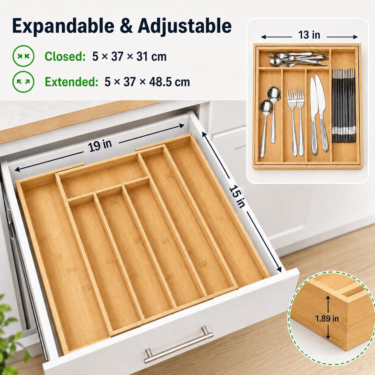 MASS DYNAMIC Bamboo Cutlery Tray, Expandable Drawer Organiser, Space-Saving 5-7 Storage Compartments Holds Silverware, Kitchen Utensils, Office Supplies, Bathroom Accessories (Size: 5x48.5x37cm) image 3