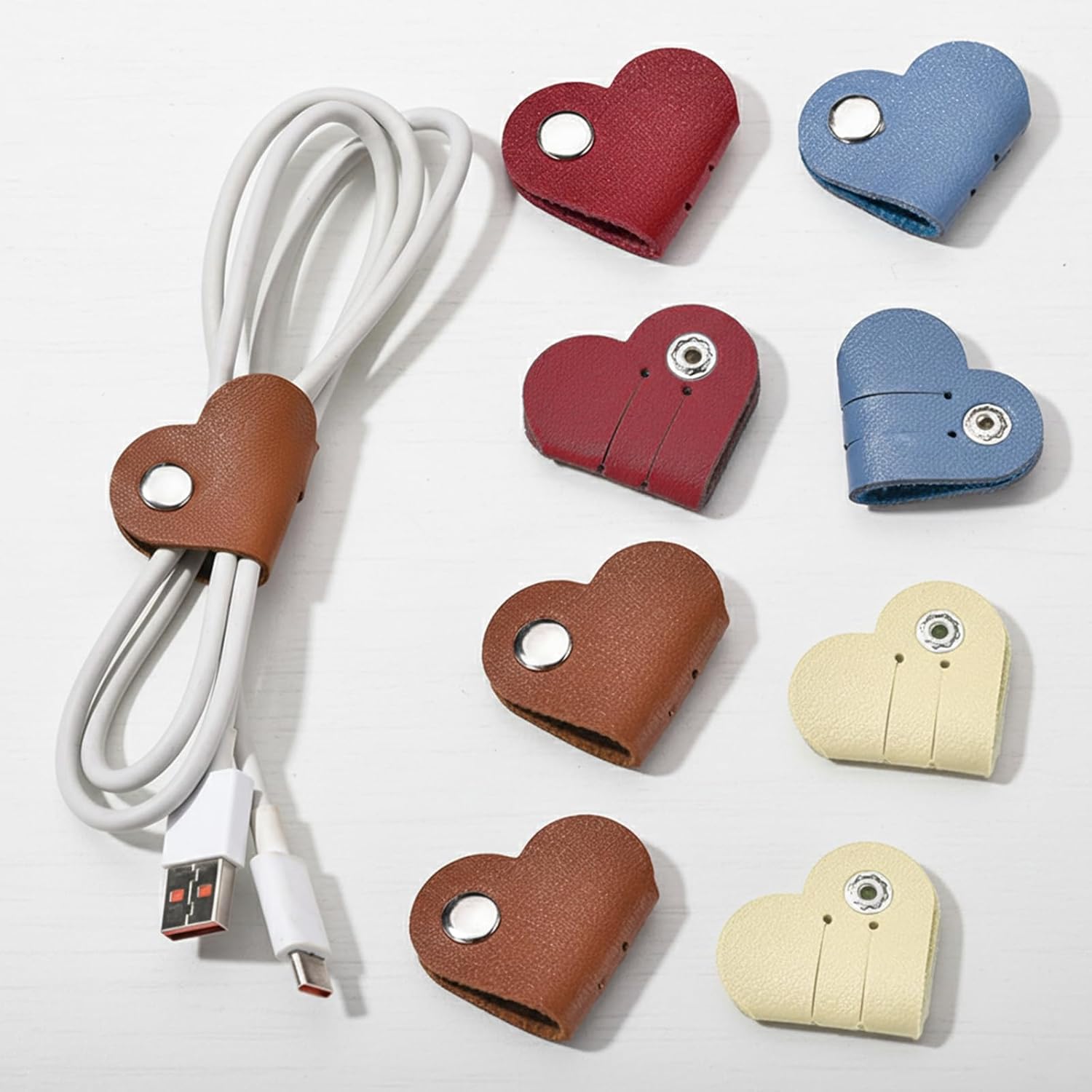 Cable Tie Organizer Keeper-Cord Wrap Cable Strap Earbud Organizer,Set of 8 Heart Design,Snap Closure,for Desk Travel