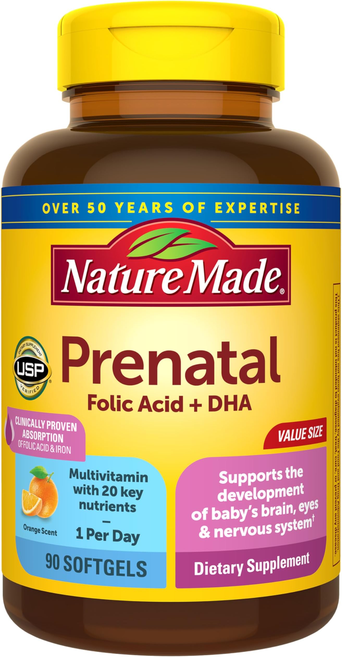 Nature Made Prenatal Vitamins for Women with Folic Acid + DHA, Prenatal Vitamin and Mineral Supplement for Daily Nutritional Support, 90 Softgels, 90 Day Supply